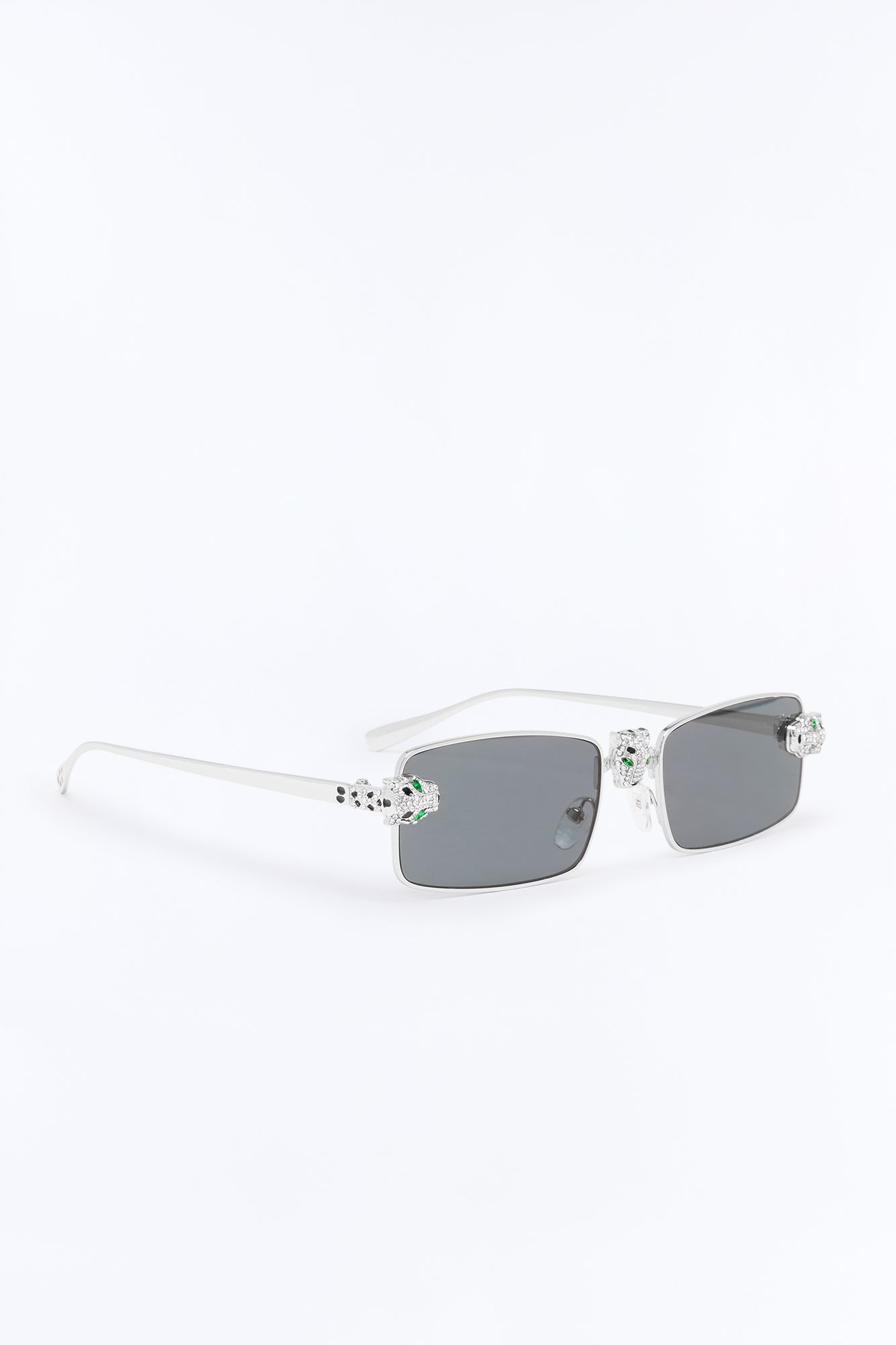 Iced Panther Rectangle Metal Sunglasses - Silver/Black