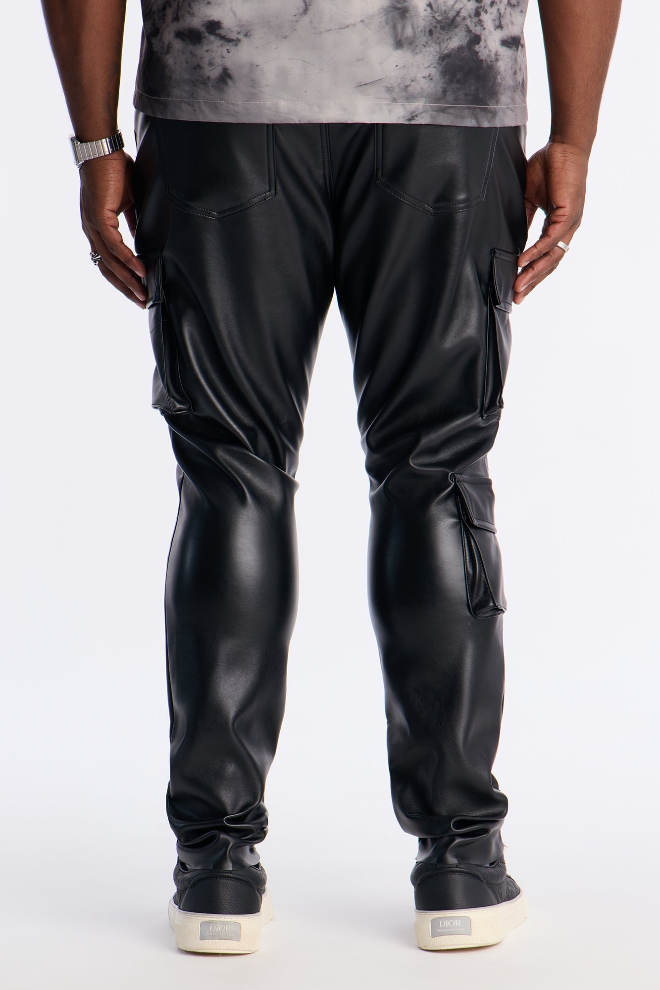 Skinny Stacked Faux Leather Paisley Embellished Pant - Black