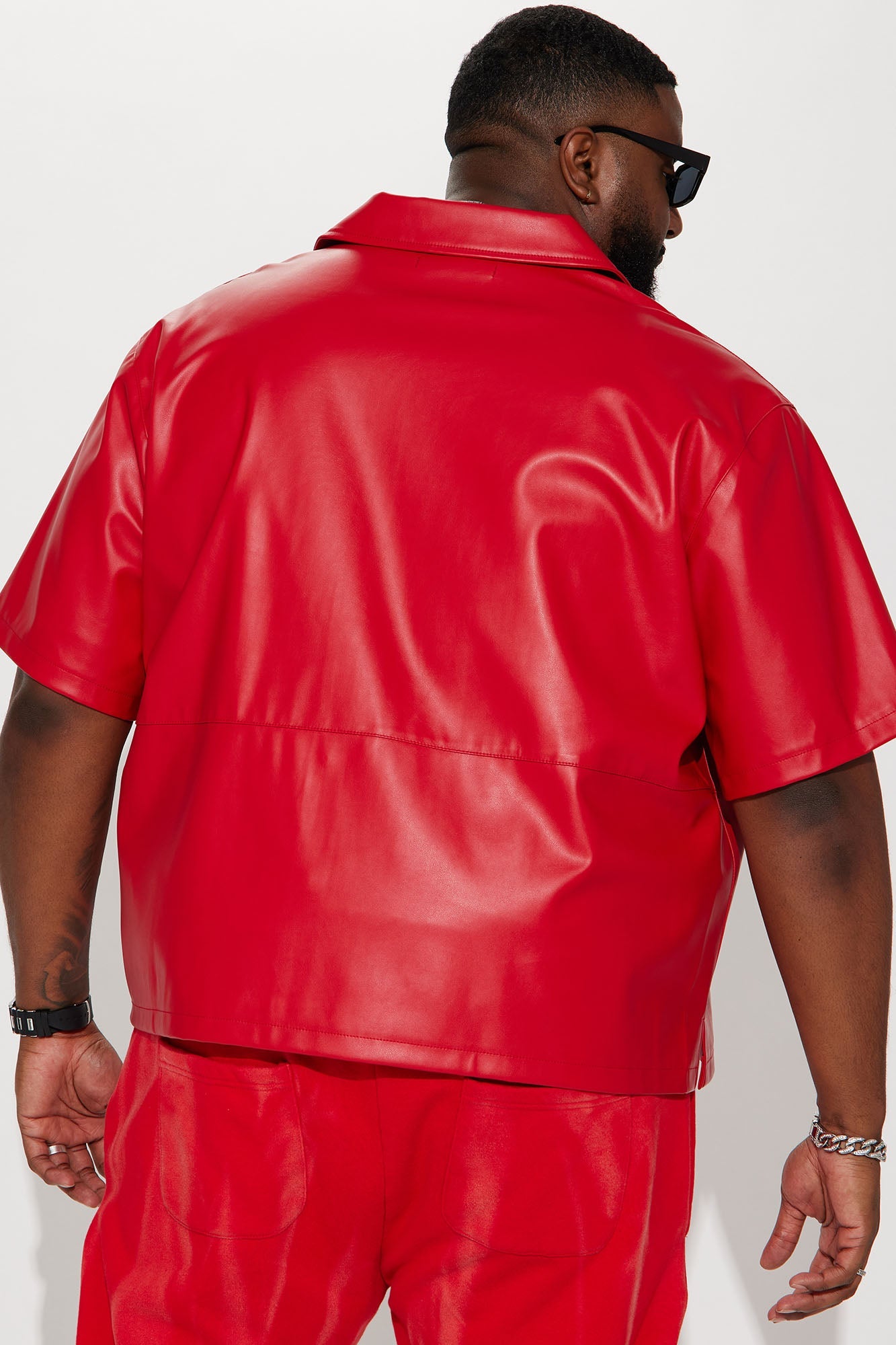 Slam Dunk Faux Leather Short Sleeve Button Up - Red