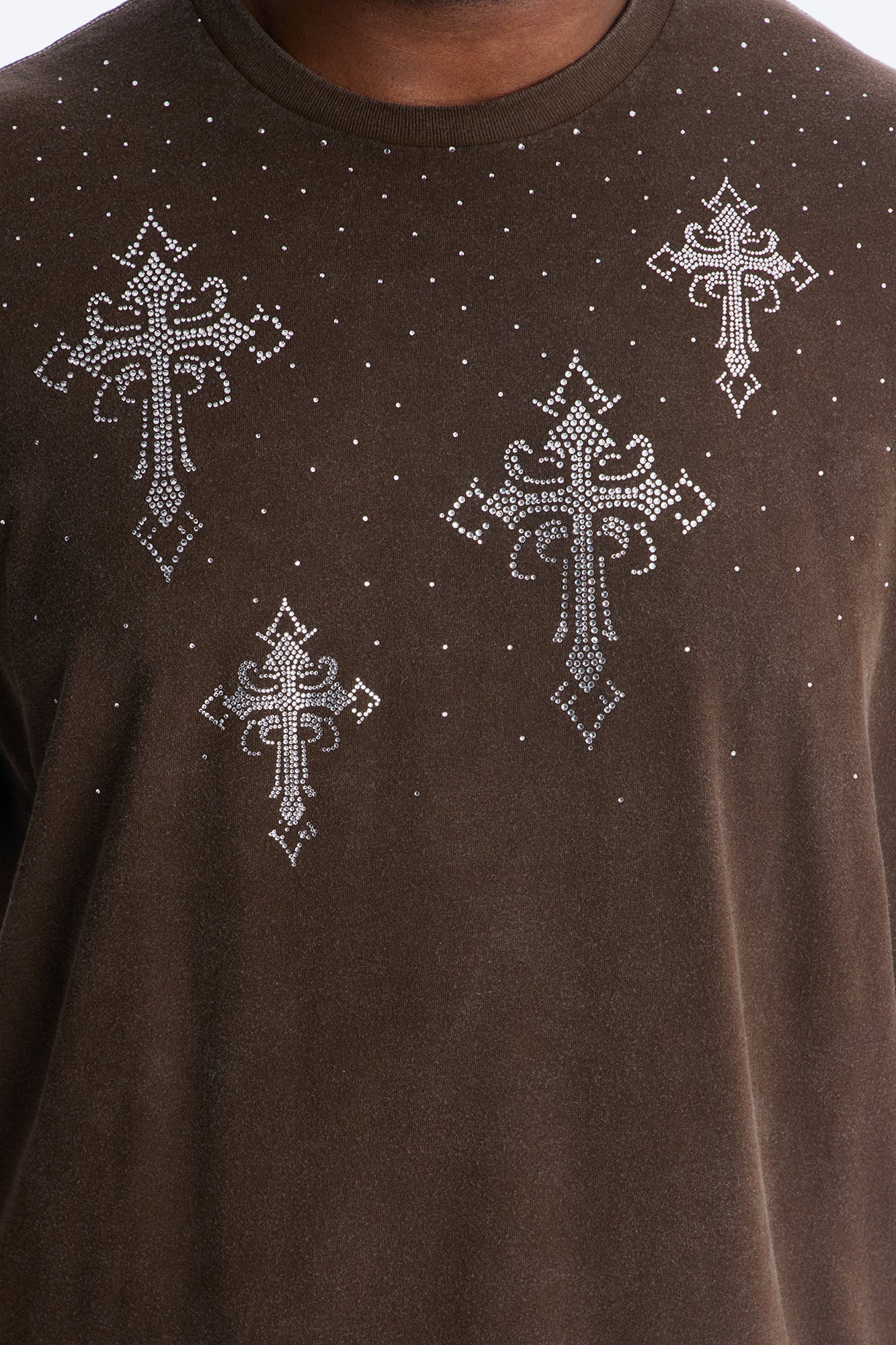 Bare The Cross Rhinestones Oversized Short Sleeve Tee - Chocolate