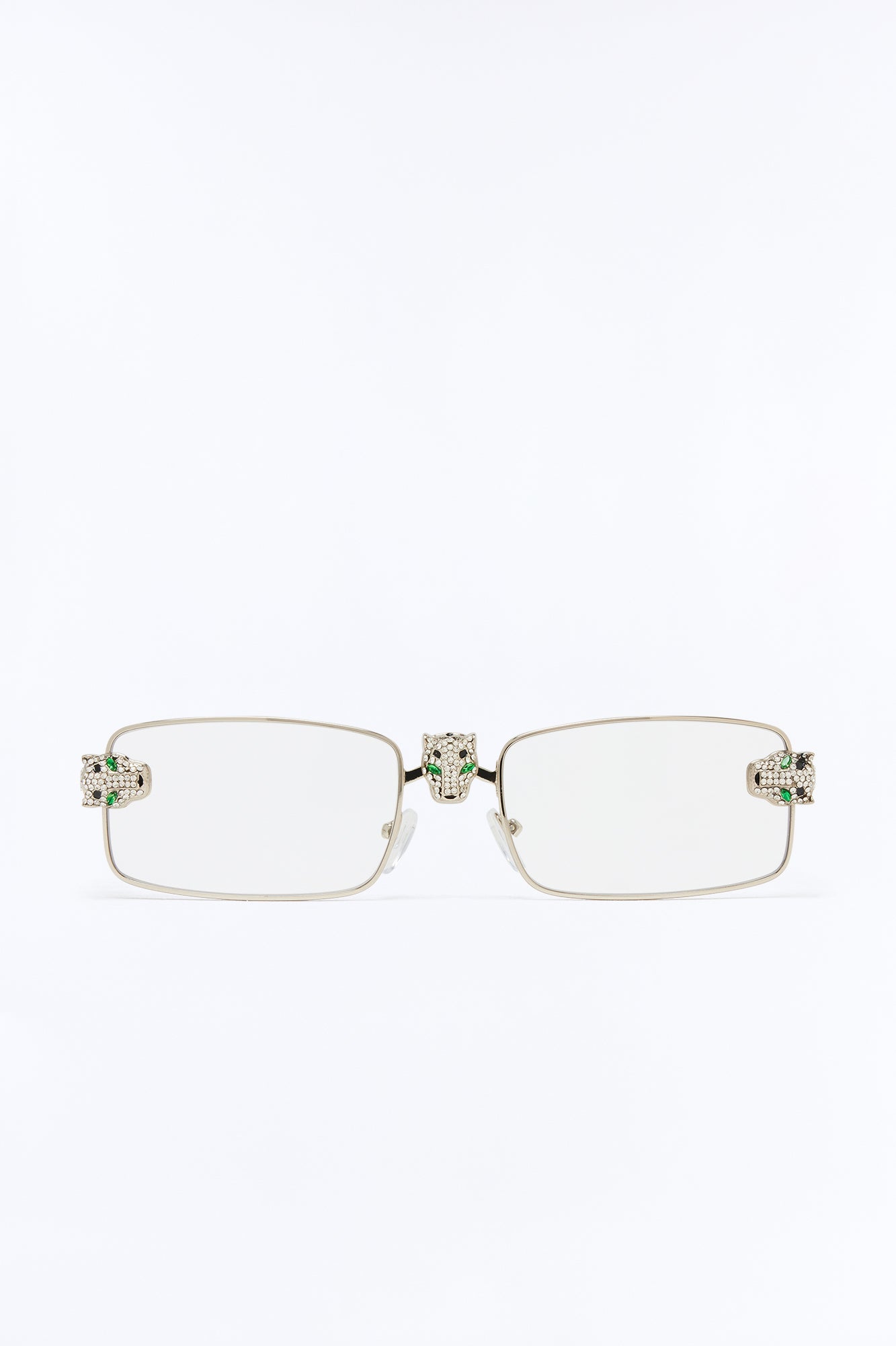 Iced Panther Rectangle Metal Sunglasses - Silver