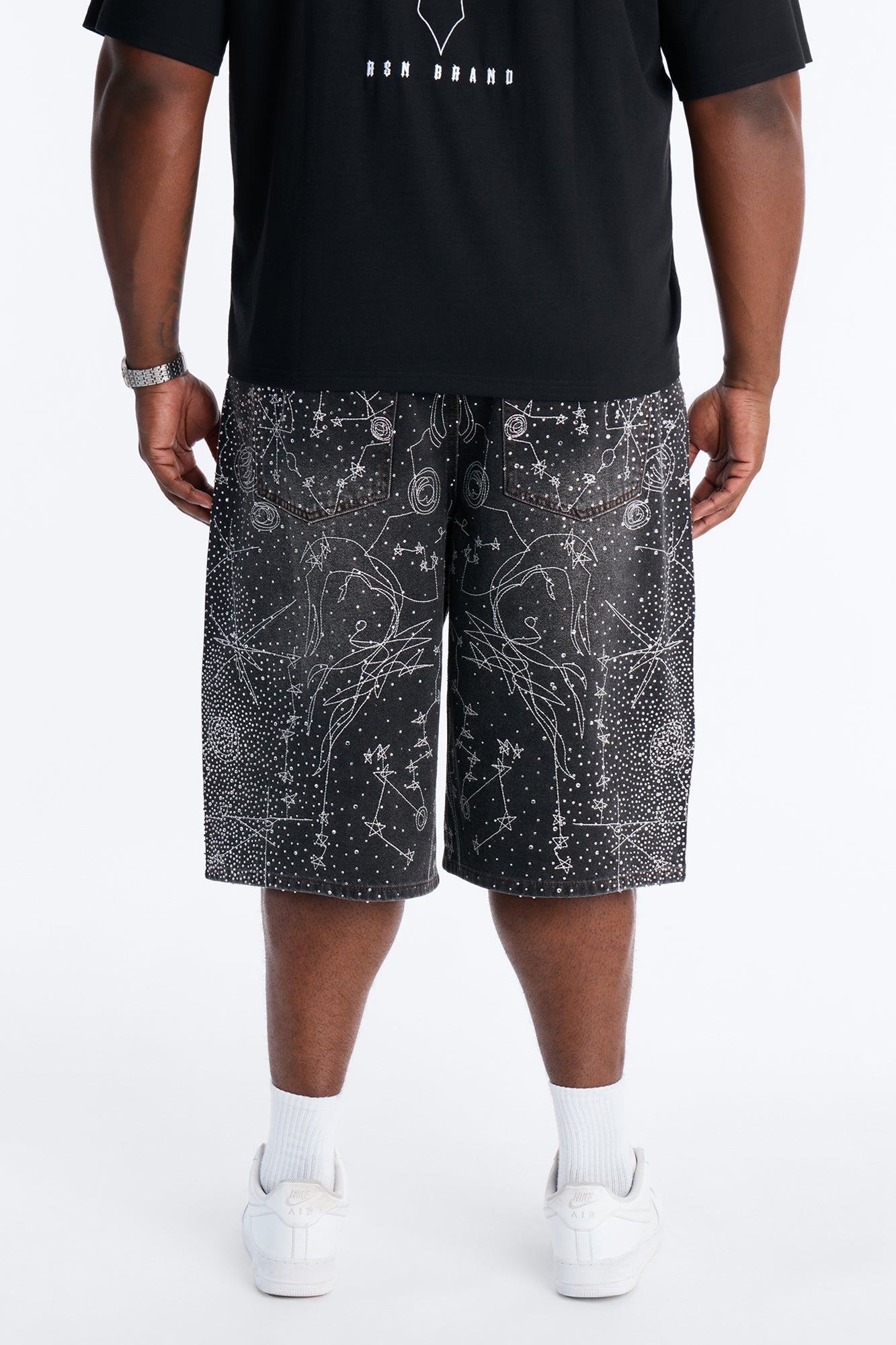 Rhinestone Interstellar Baggy Denim Short - Black Wash