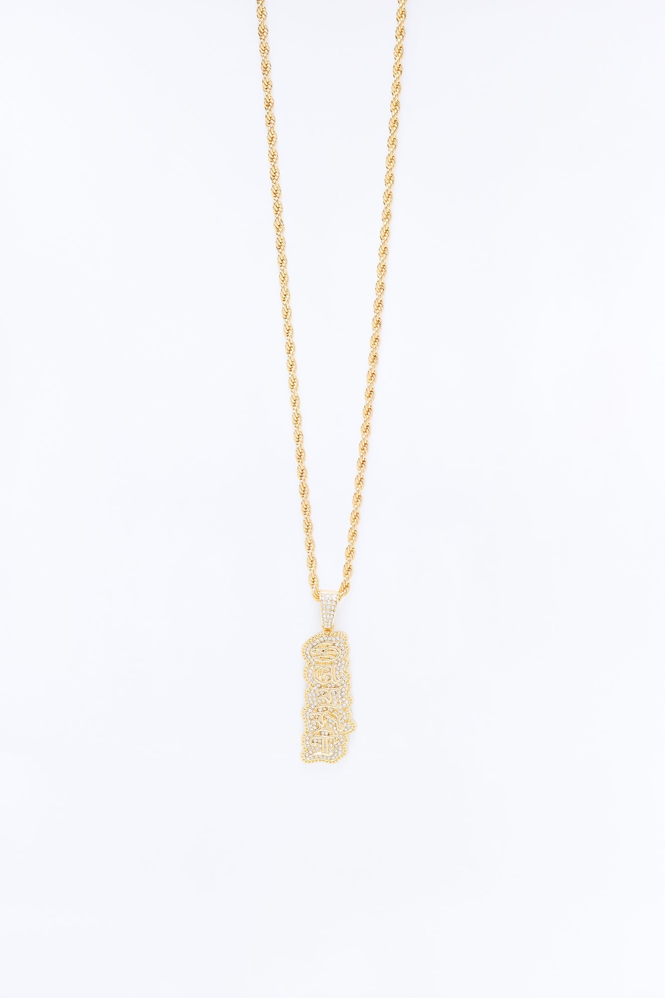 Saint Script Vertical Iced Pendant Necklace - Gold