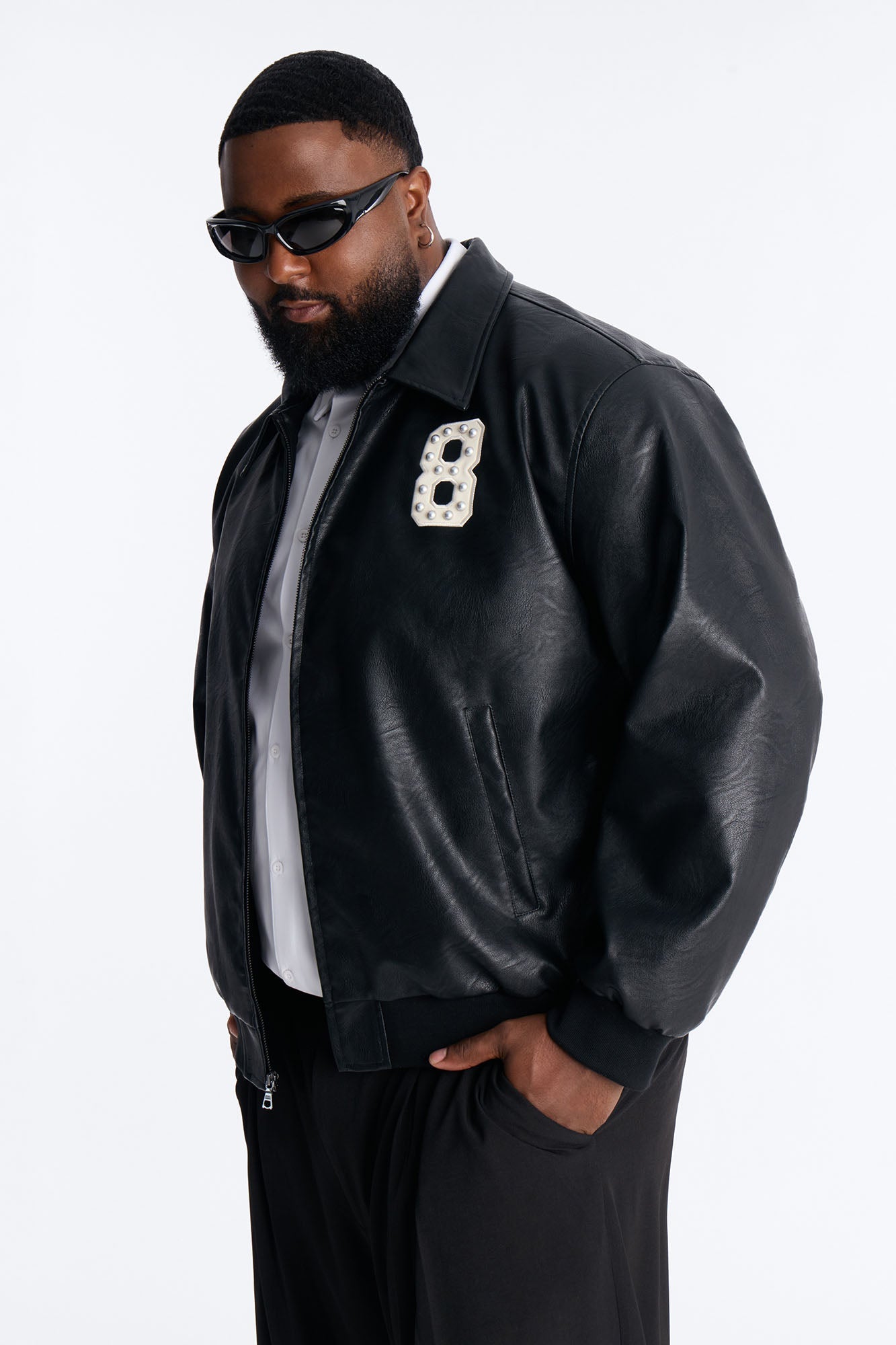 Crimson Blessed Faux Leather Studded Bomber Jacket - Black