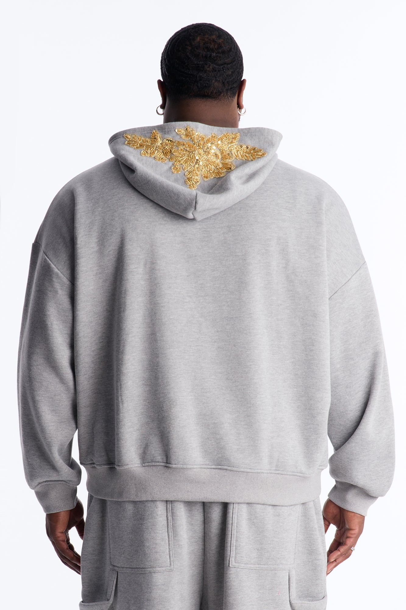 Oversized Rogue Sequin Applique Zip Up Hoodie - Grey