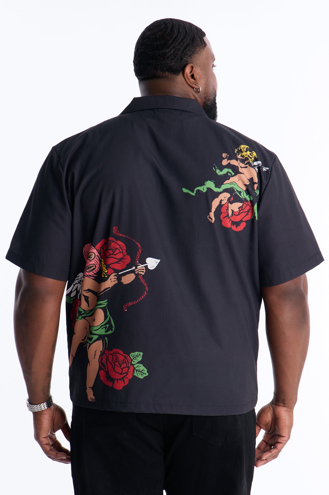 Rose Angel Street Cuban Collar Shirt - Black