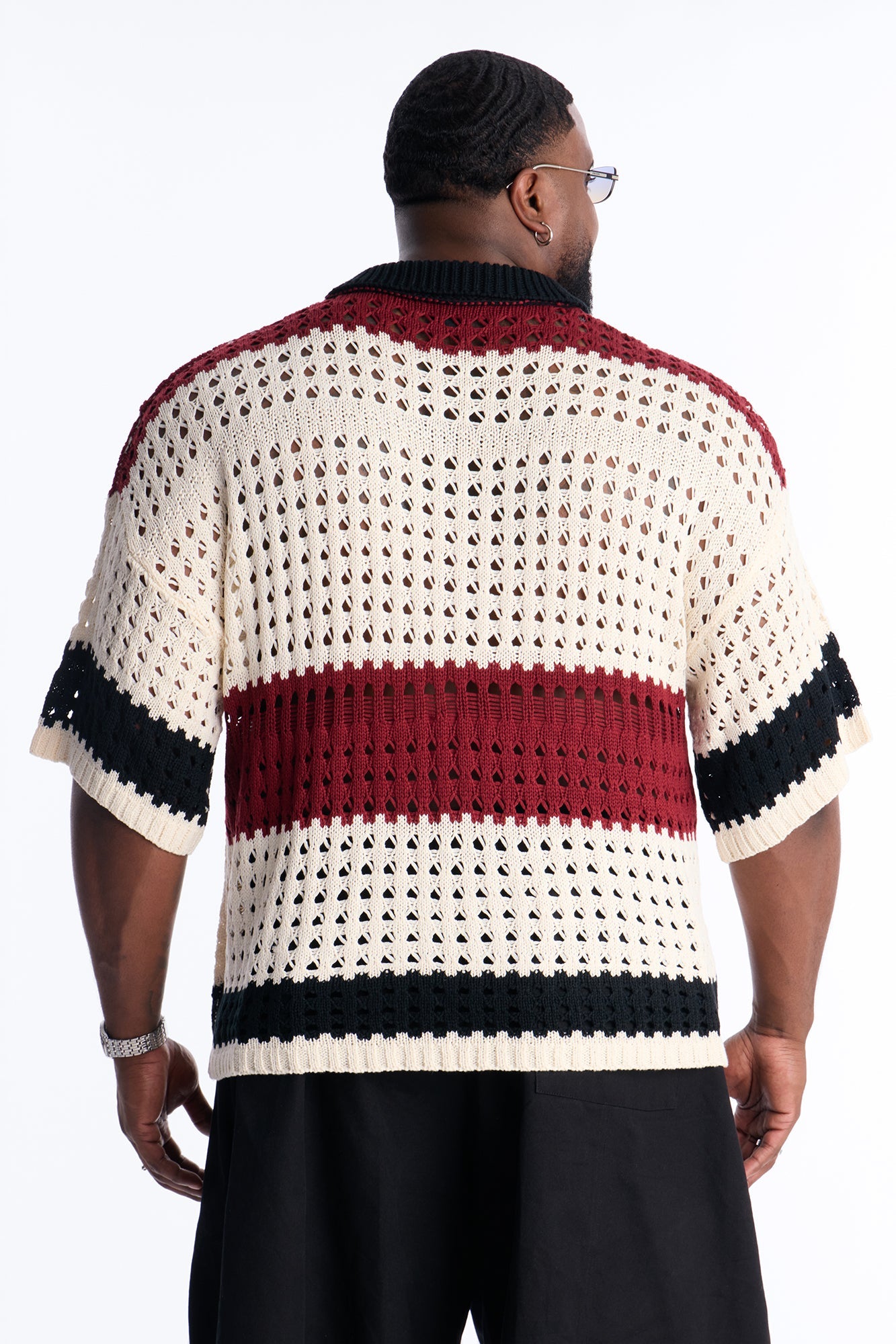 Weathered Stripe Knitted Polo - Burgundy