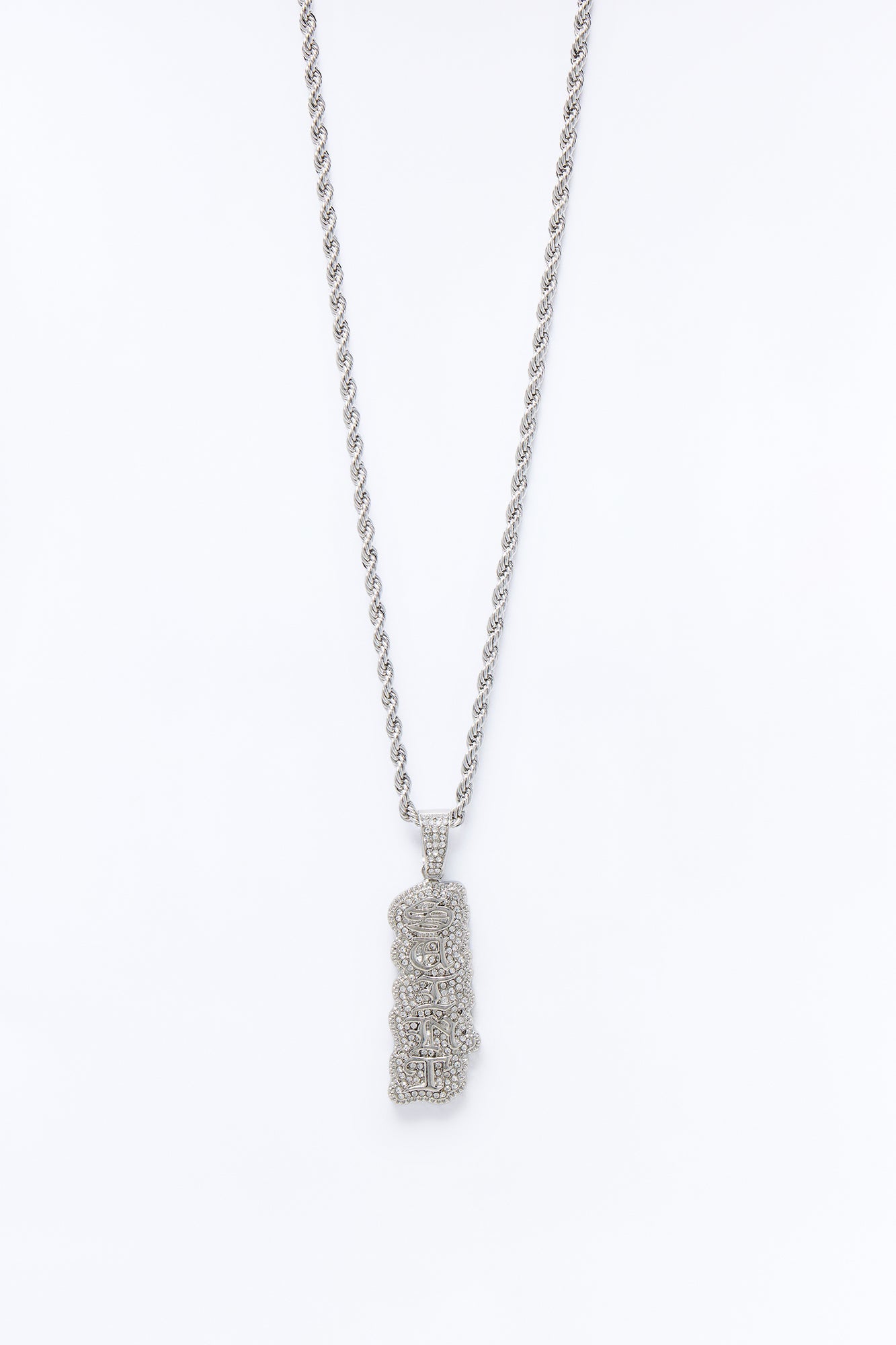 Saint Script Vertical Iced Pendant Necklace - Silver