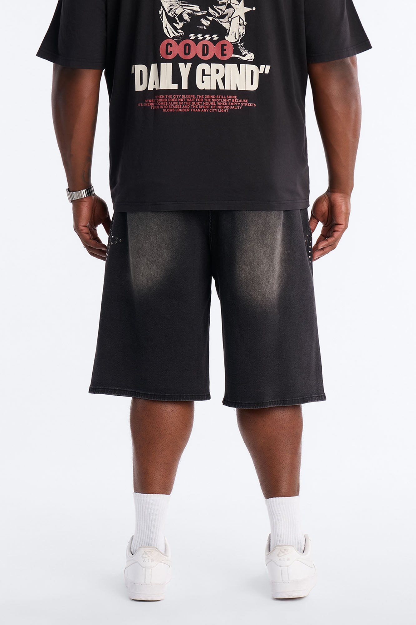 In Denim We Trust Baggy Studded Denim Short - Black Wash