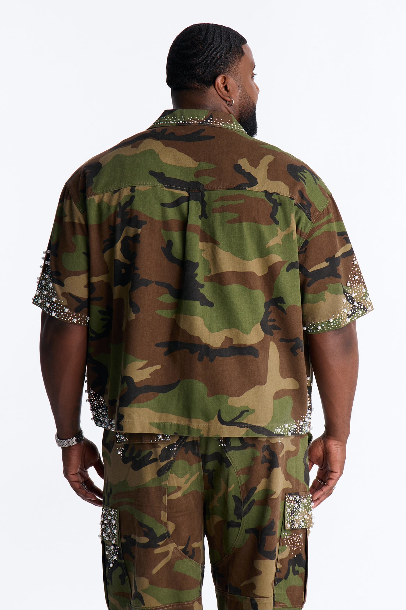 Cropped Pearl World Embellished Shirt - Camouflage