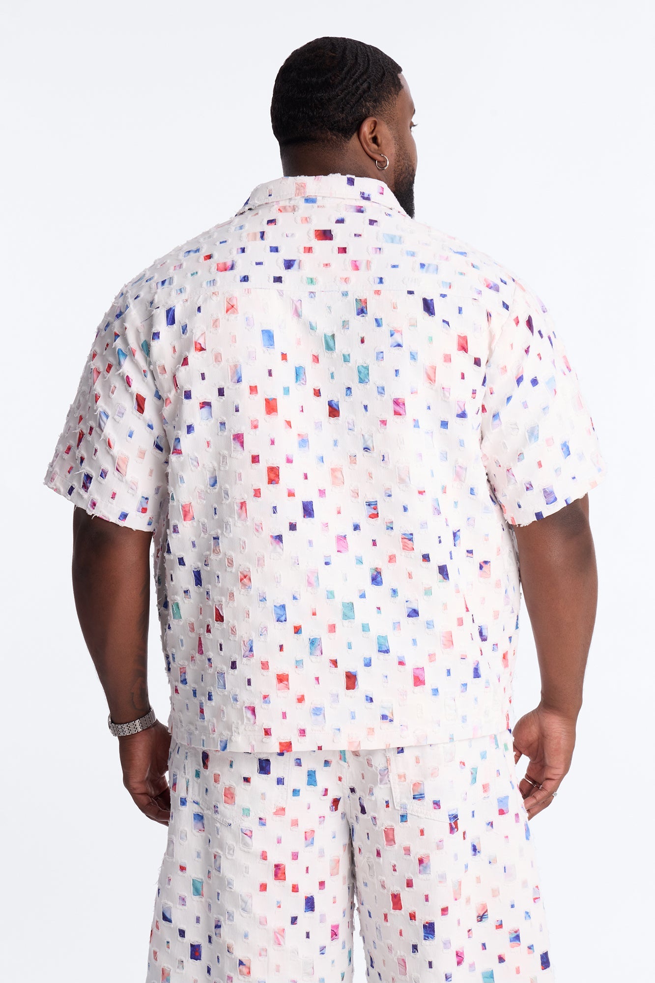 Cropped Watercolor Window Button Up Shirt - White