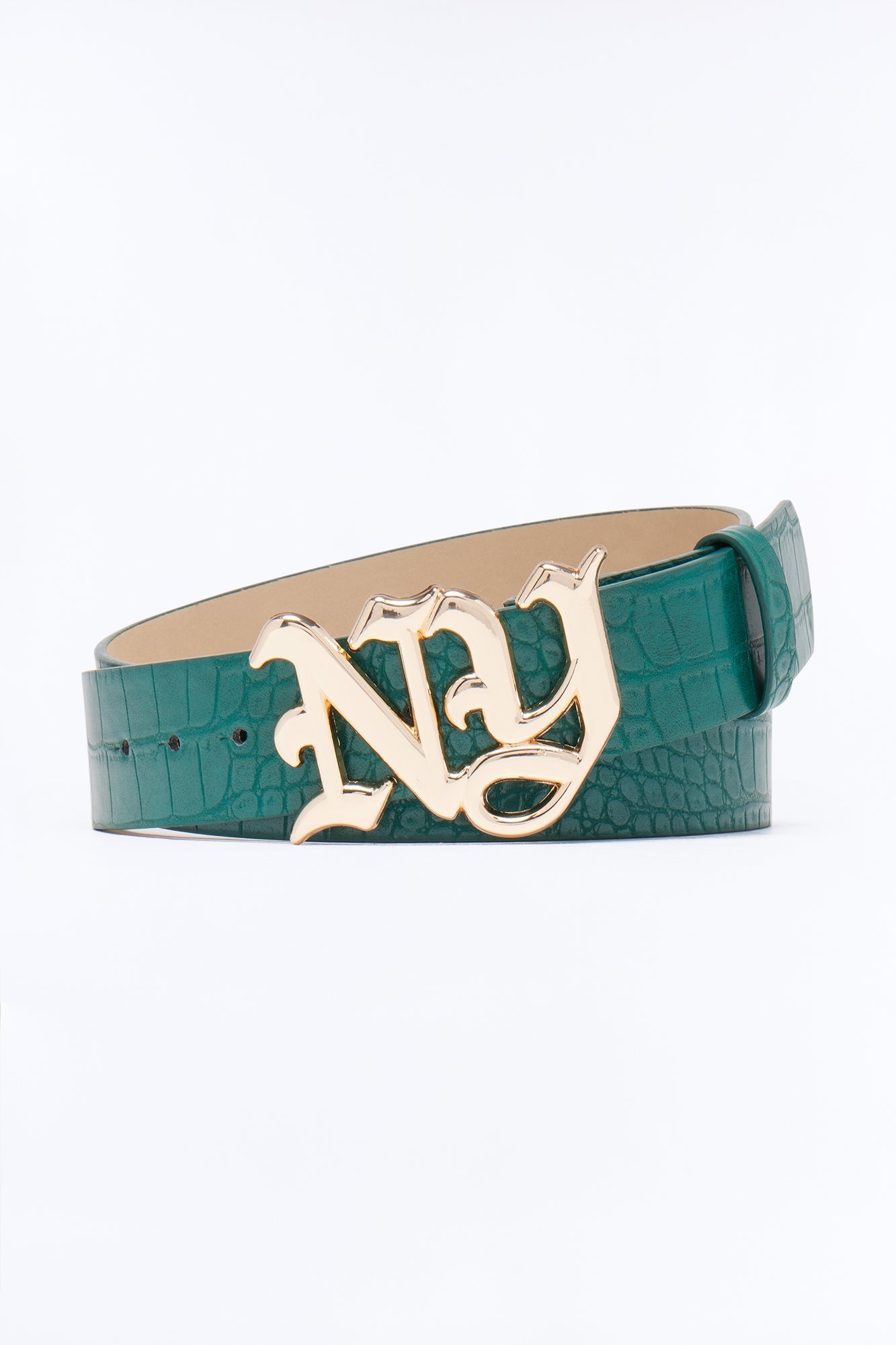 NY Initial Buckle Crocodile Embossed Faux Leather Belt - Green/combo