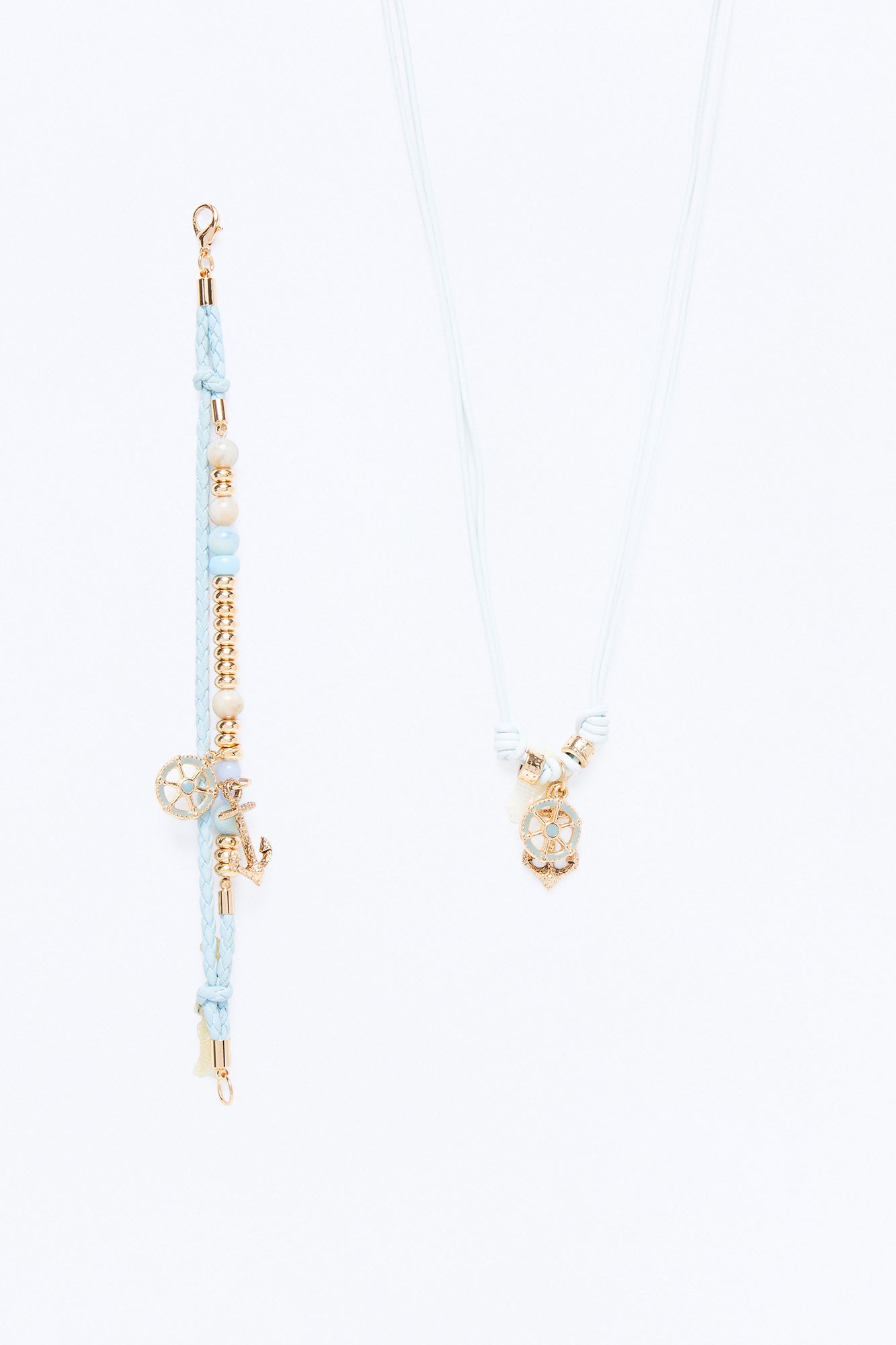 Anchor Faux Leather Cording Necklace And Bracelet Set - Blue/Gold