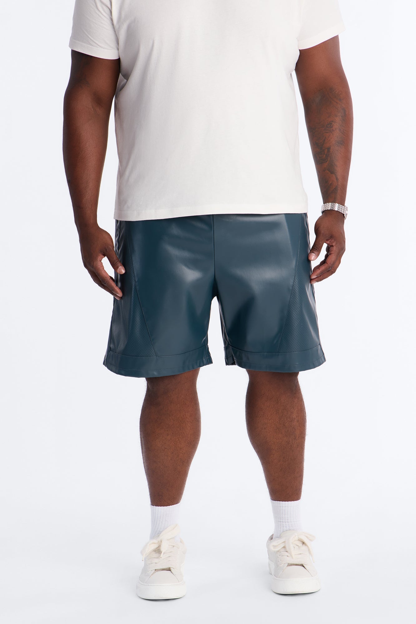 Relaxed Perforated Faux Leather Short - Navy