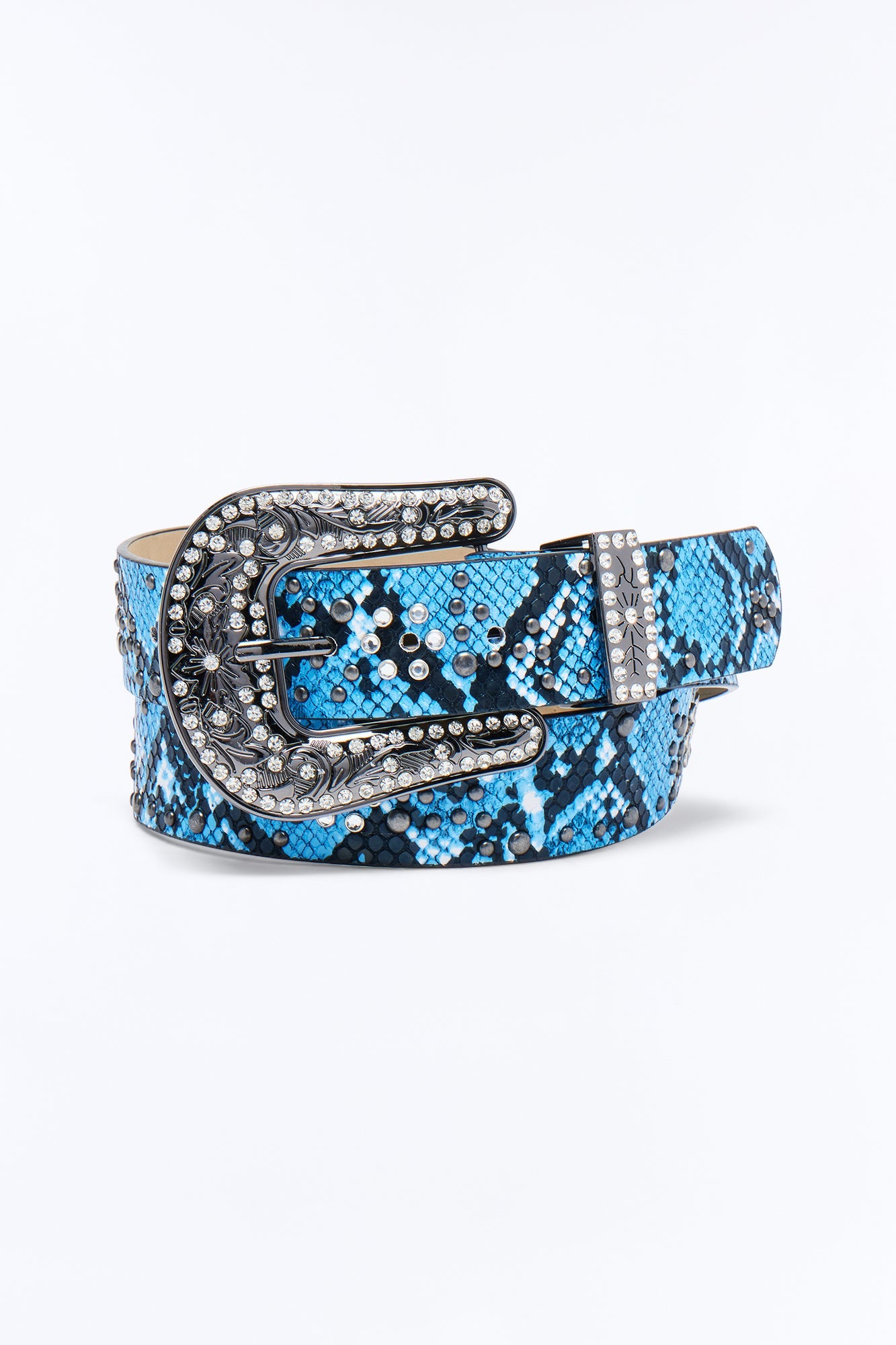 Rhinestone Embellished Snake Western Buckle Belt - Blue