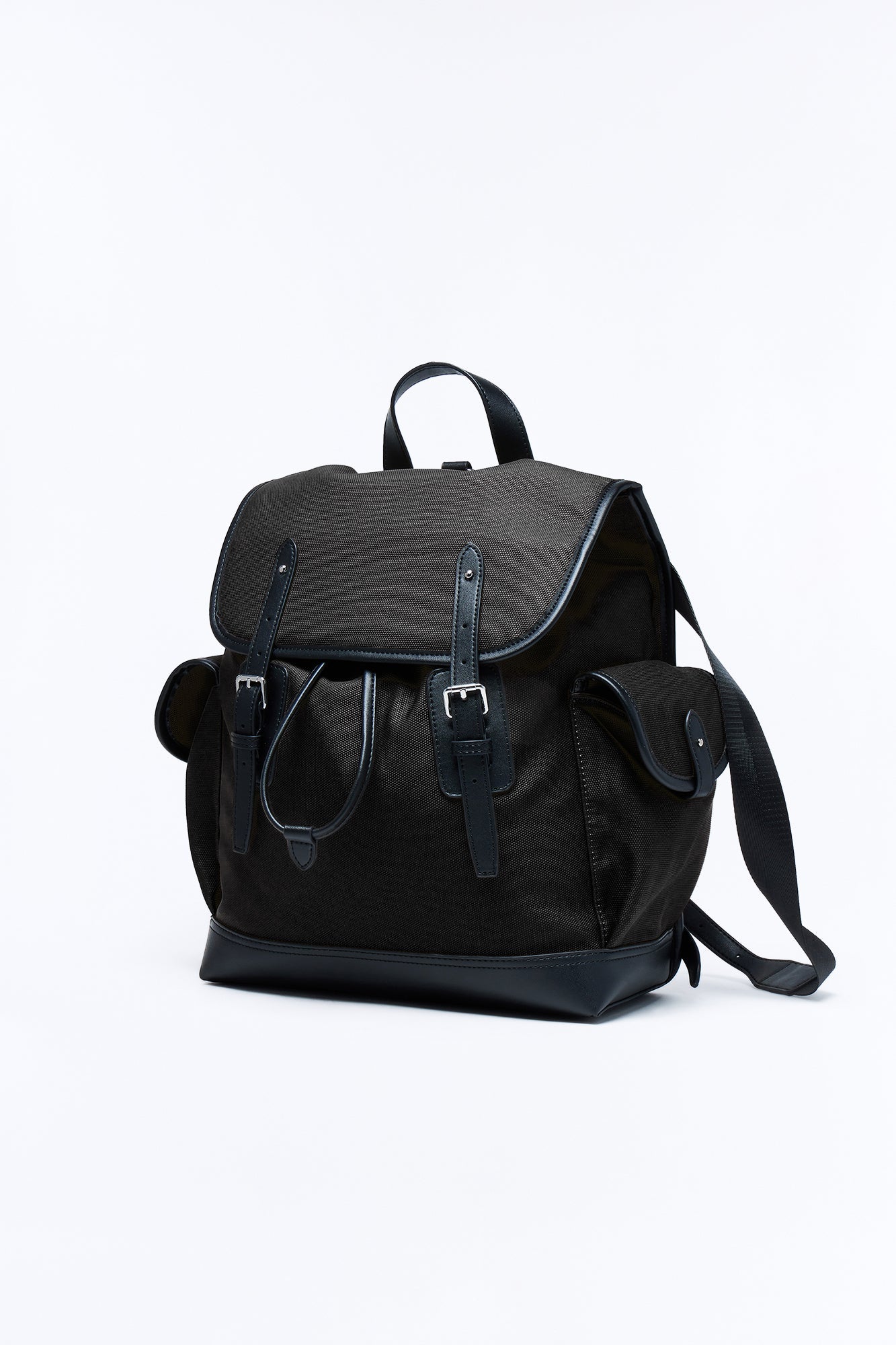 Canvas Dual Buckle Drawstring Backpack - Black
