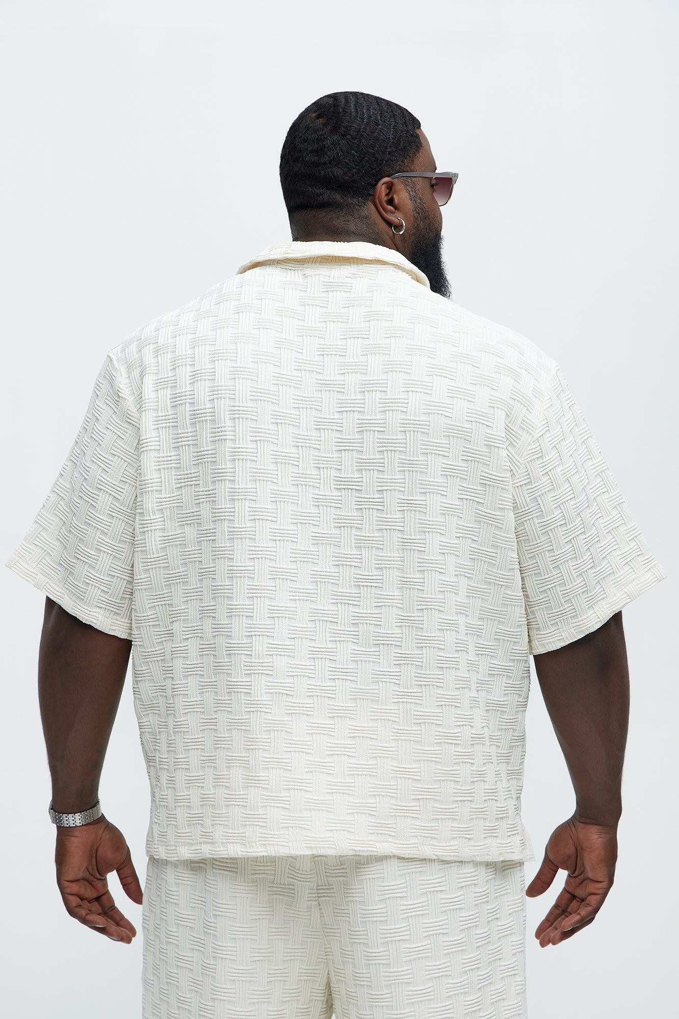 Criss Cross Textured Cuban Collar Shirt - Cream