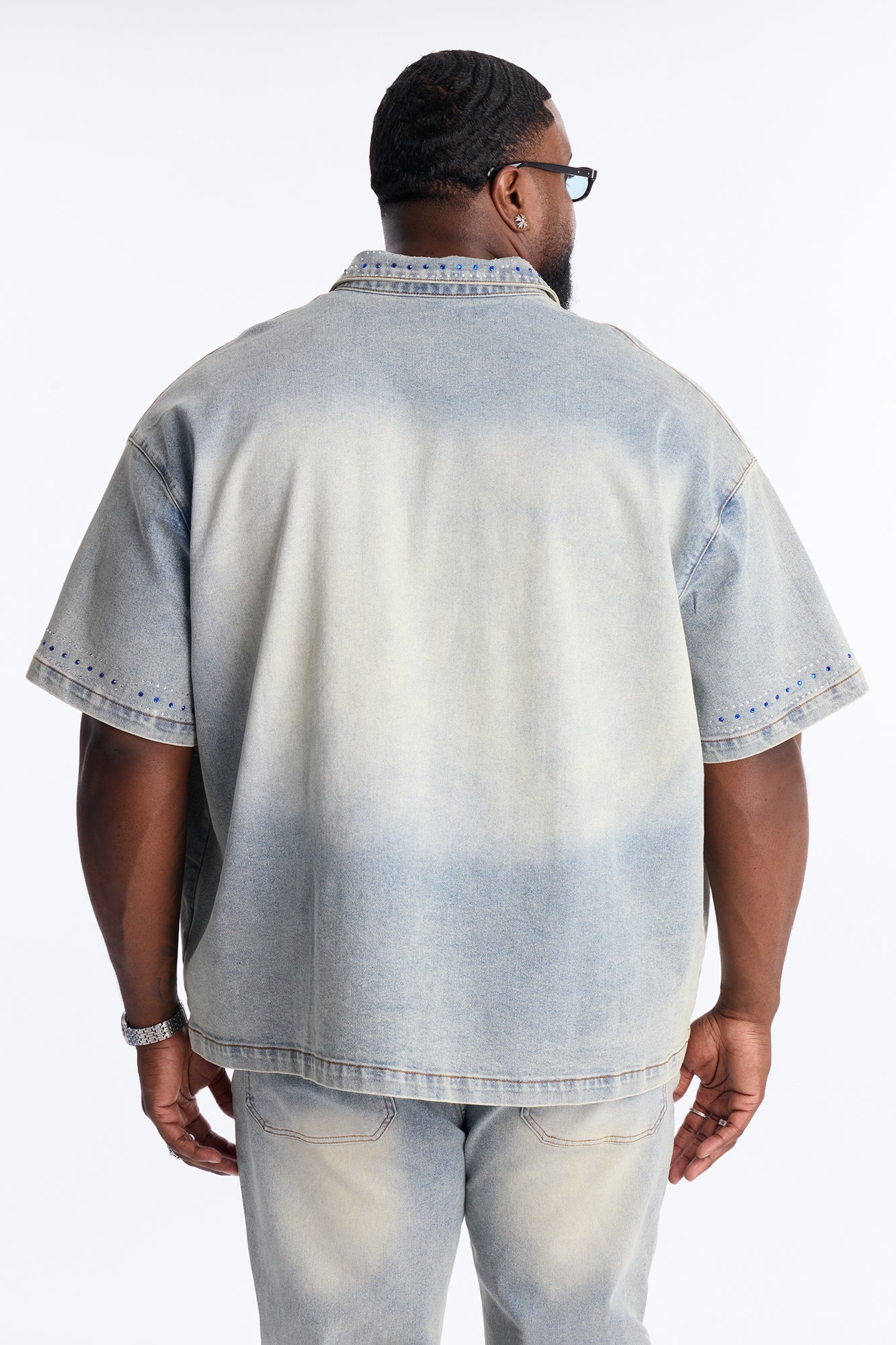 Rhinestone Bandana Boxy Denim Button Up Shirt - Light Blue Wash
