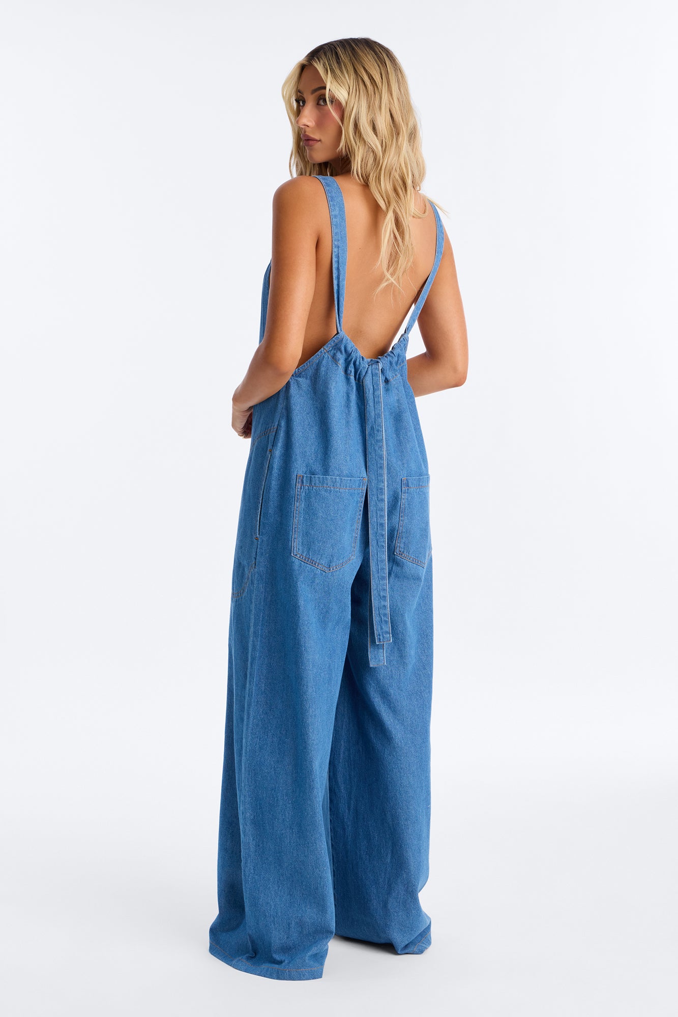 Back Tie Blues Wide Leg Jumpsuit - Medium Wash