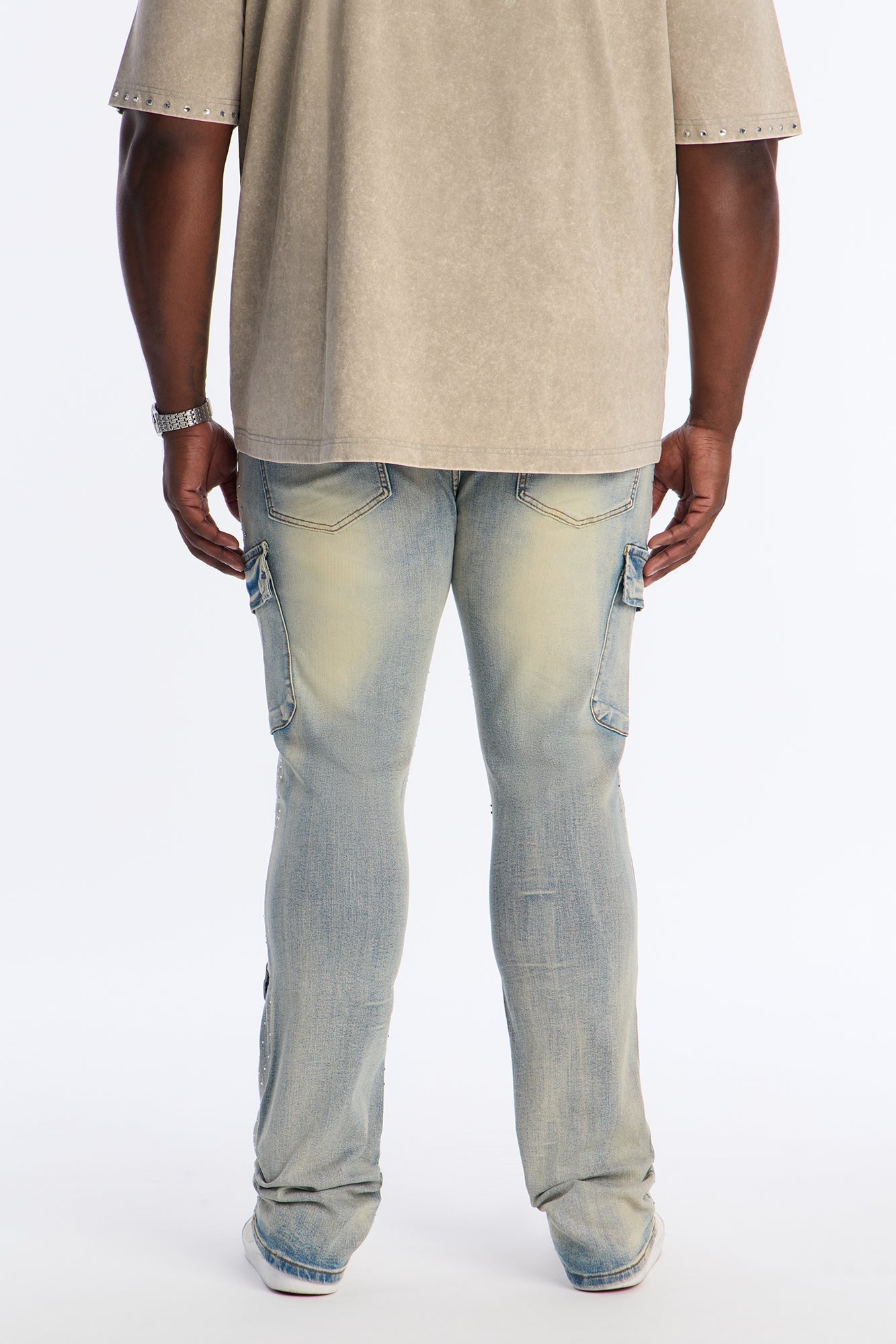 Stacked Skinny Flare Speckled Jeweled Cargo Jean - Medium Wash