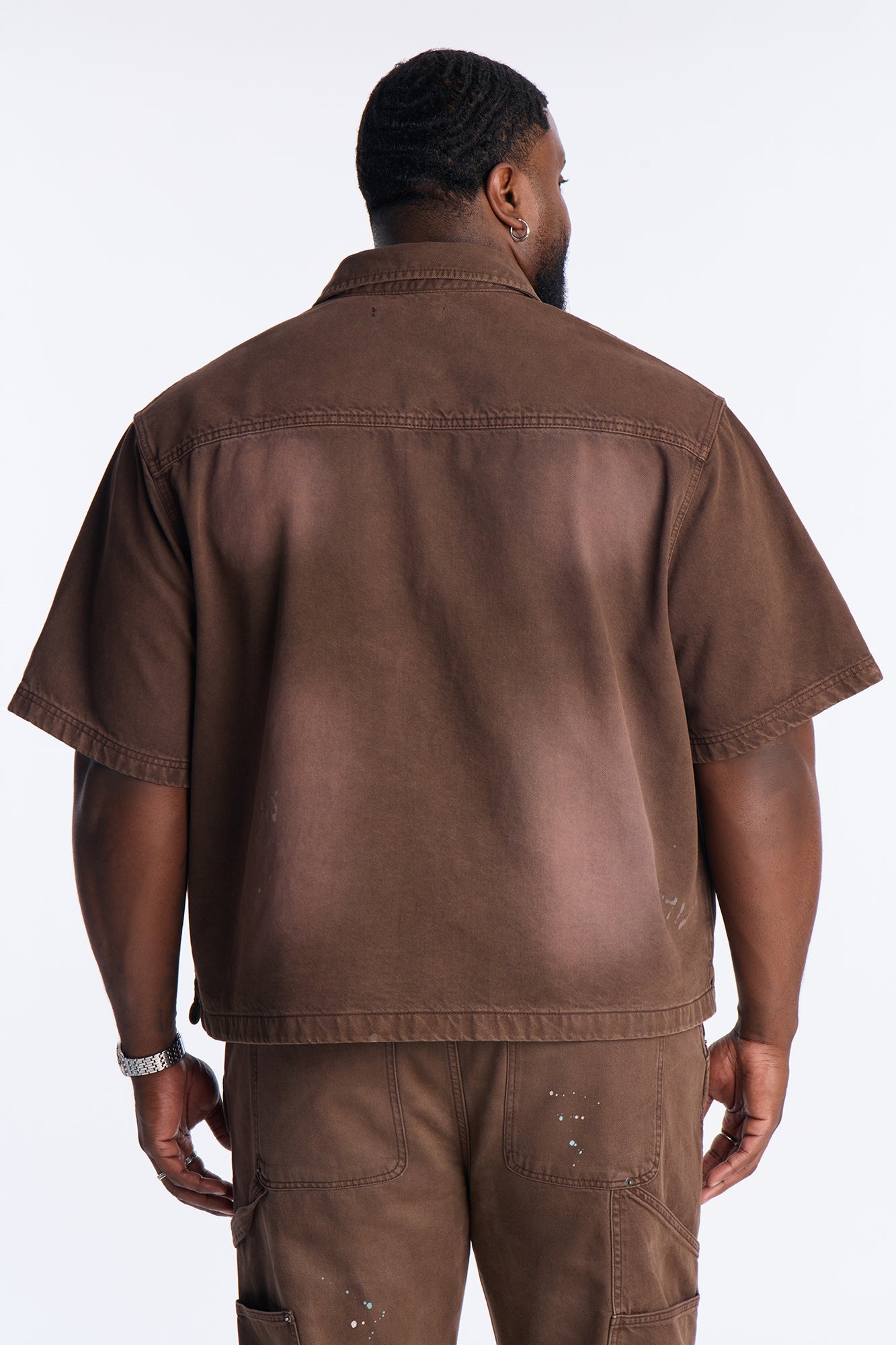 Cropped Splatter Paint Distressed Carpenter Work Shirt - Brown