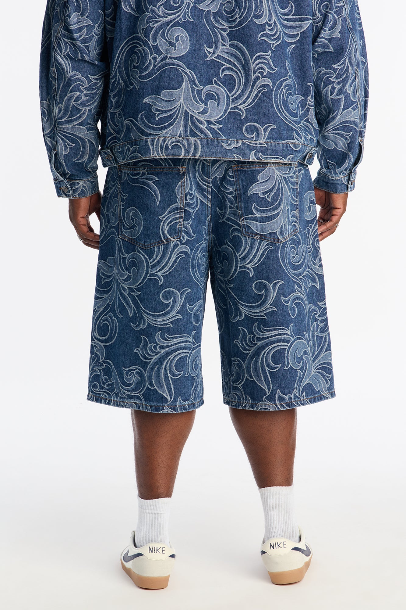 Baggy Baroque Jacquard Denim Shorts - Medium Blue Wash