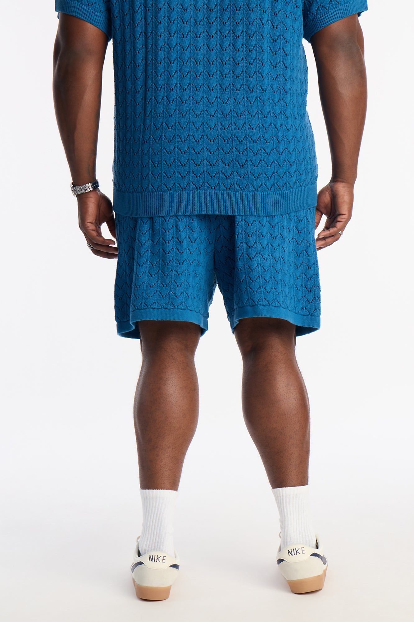 Waterfall Texture Open Knit Shorts - Slate Blue