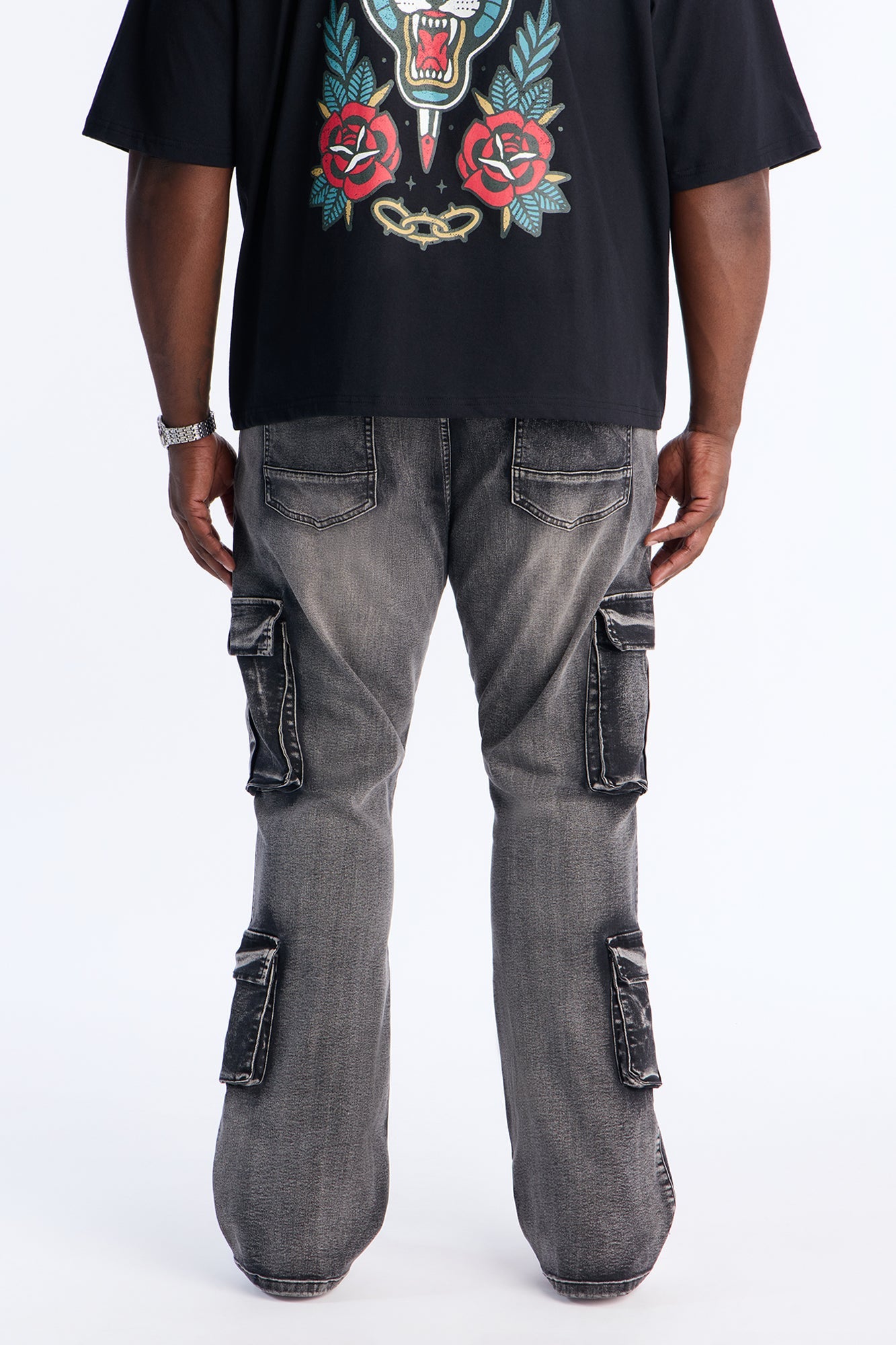 Stacked Skinny Flare Combat Cargo Jean - Black Wash