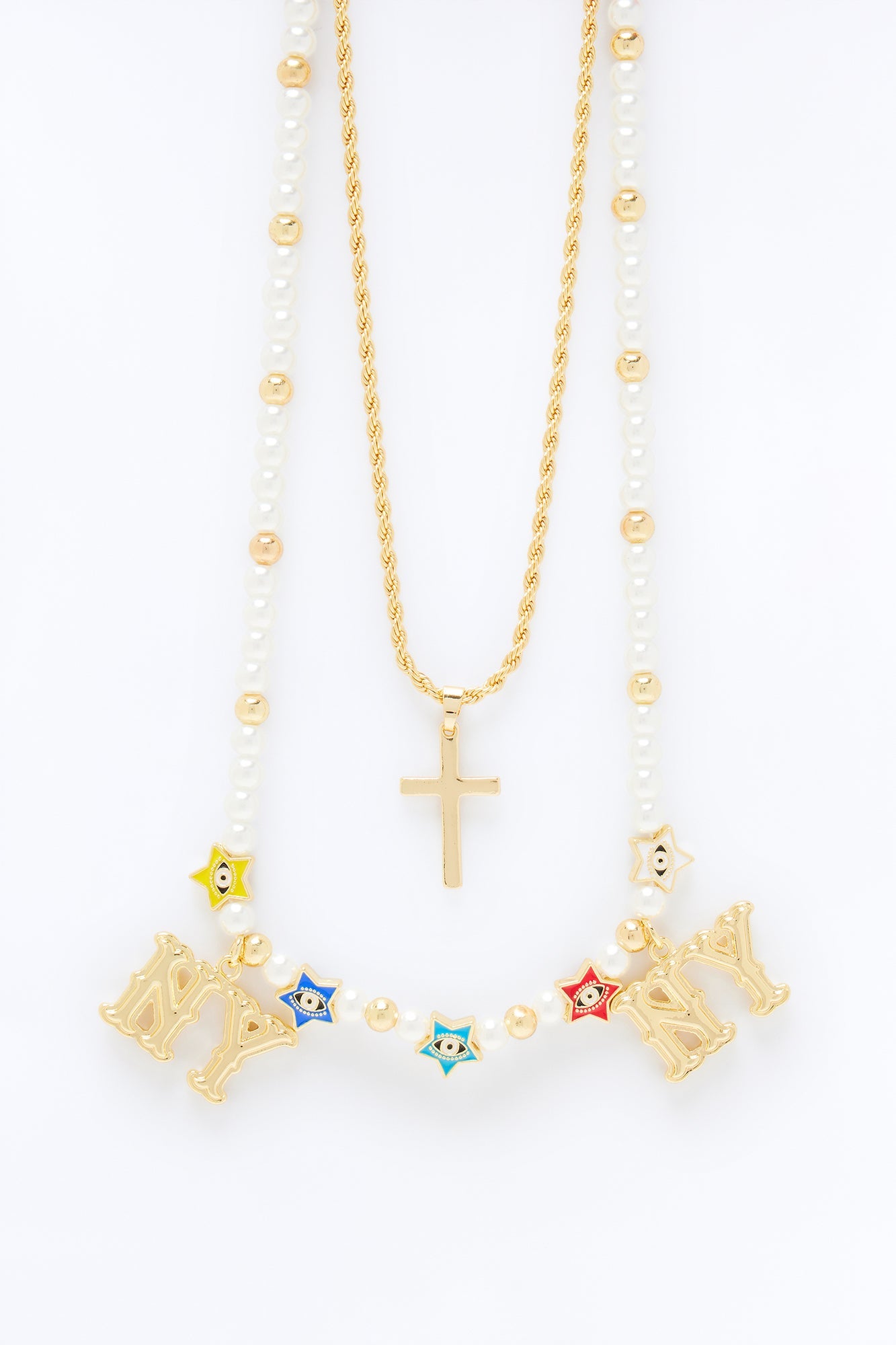 NY Pearl Charm And Layered Cross Pendant Necklace Set - Gold