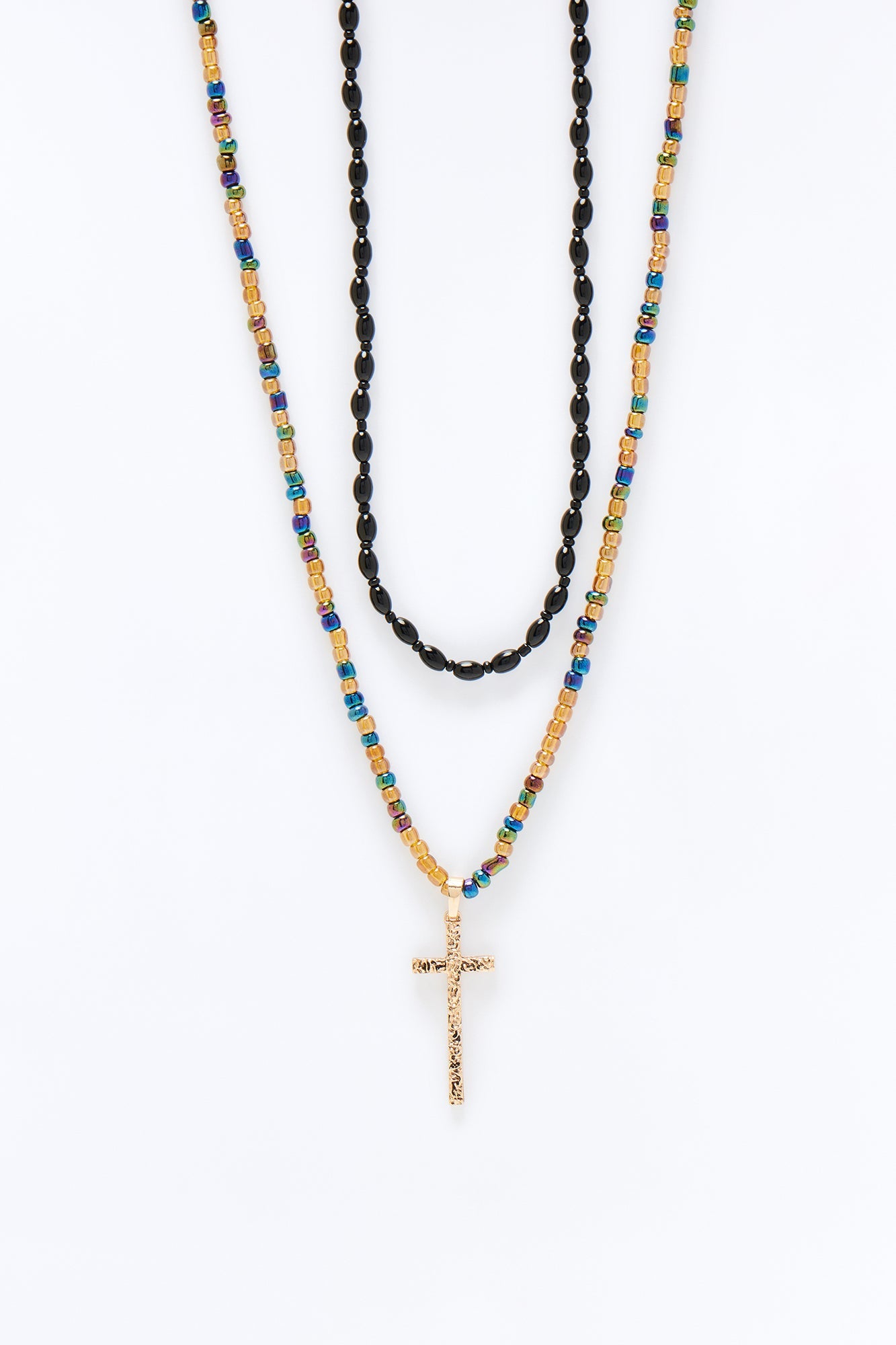 Layered Beaded Cross Necklace Set - Gold/Multi