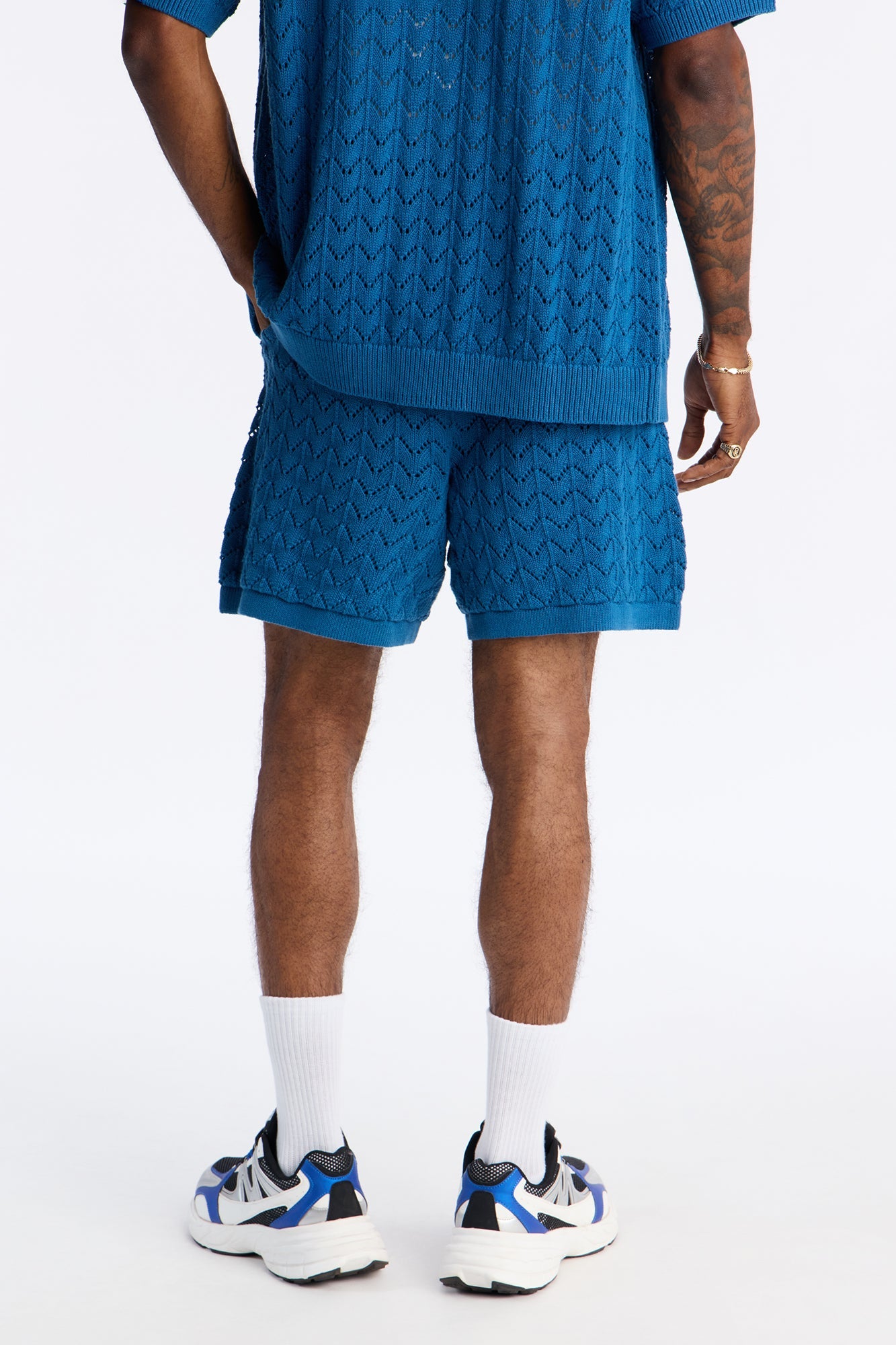 Waterfall Texture Open Knit Shorts - Slate Blue