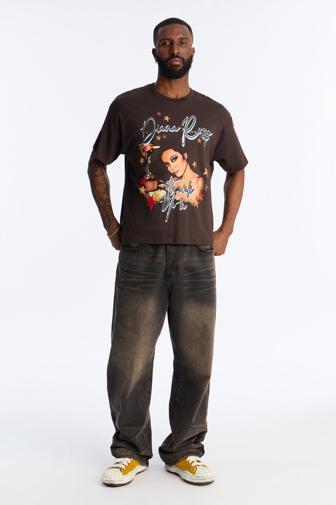 Diana Ross Foil Print Boxy Short Sleeve Tee - Brown