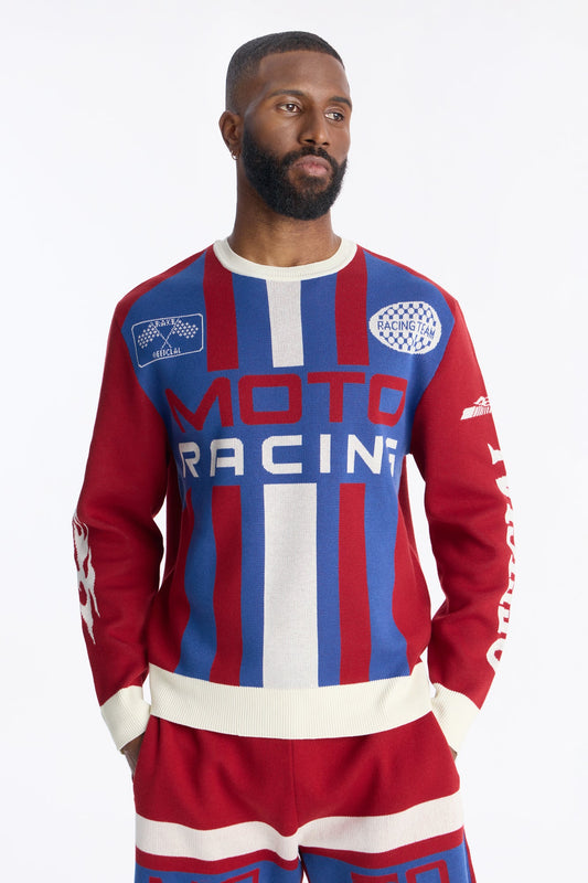 Retro Moto Stripe Sweater Shirt - Red