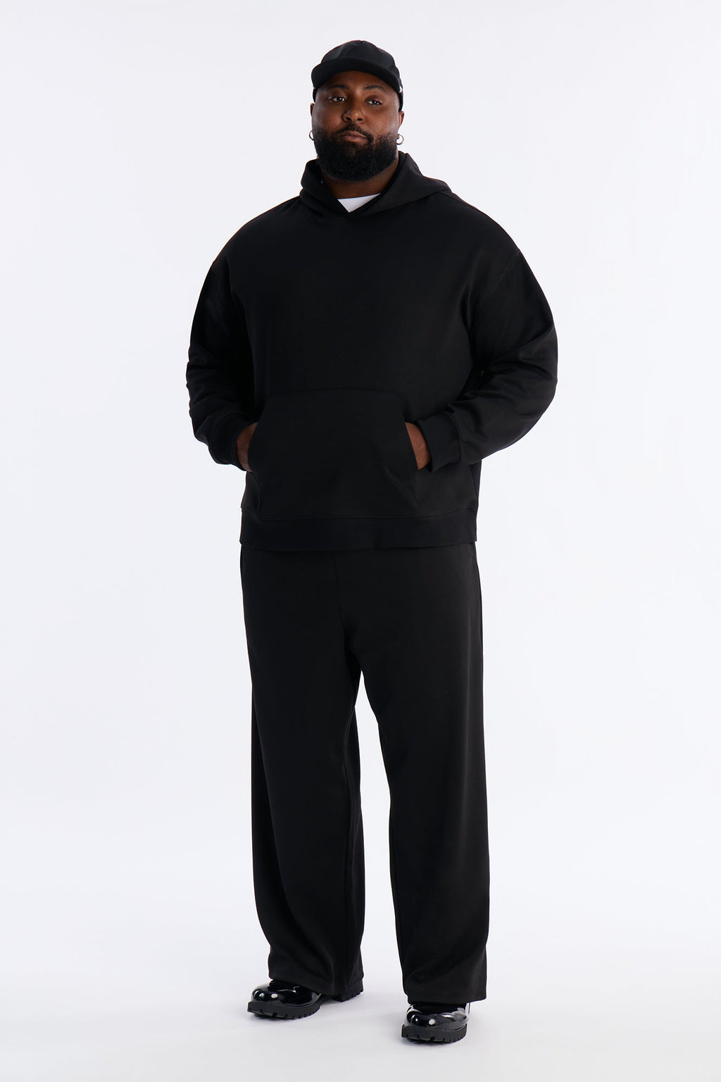Structured Fleece Wide Leg Sweatpants - Black