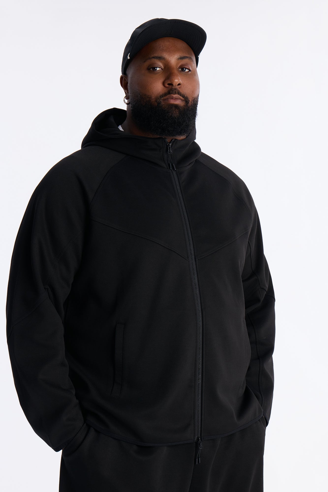 Structured Paneled Fleece Zip Up Hoodie  - Black