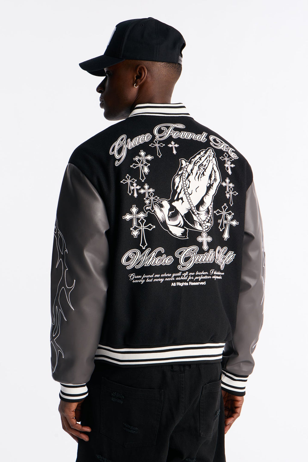 Grace Found Me Rhinestone Varsity Jacket - Black