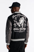 Grace Found Me Rhinestone Varsity Jacket - Black