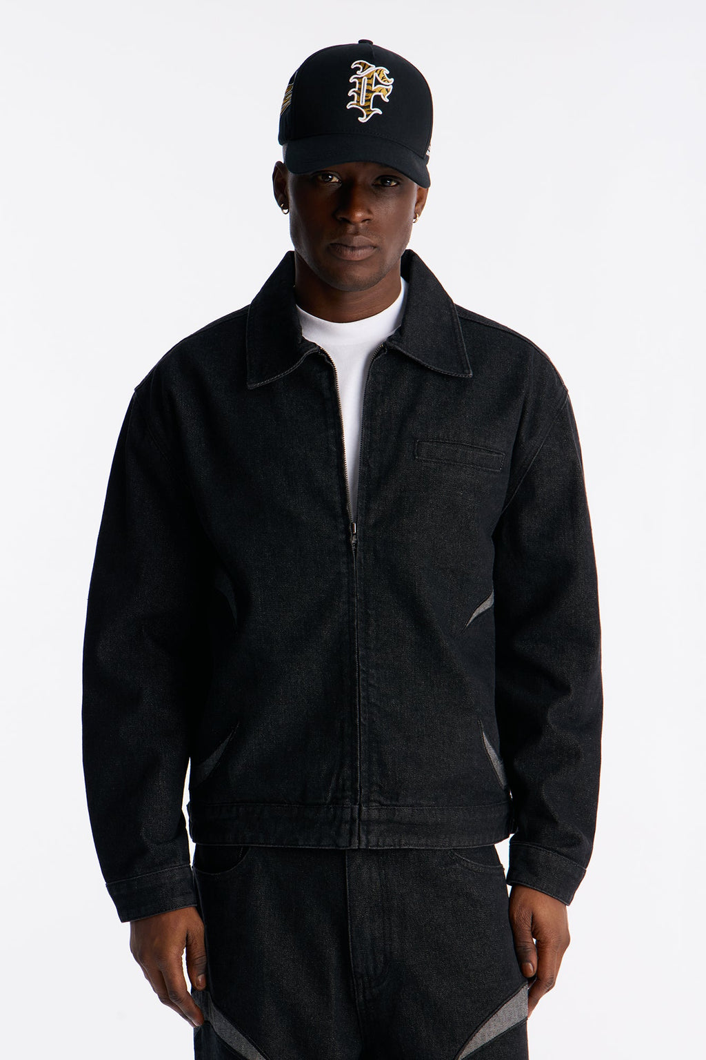 Cropped Crescent Denim Work Jacket - Black