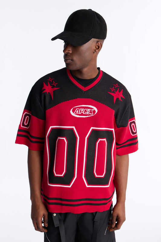 Short Sleeve Graphic Jersey Sweater - Red/Black