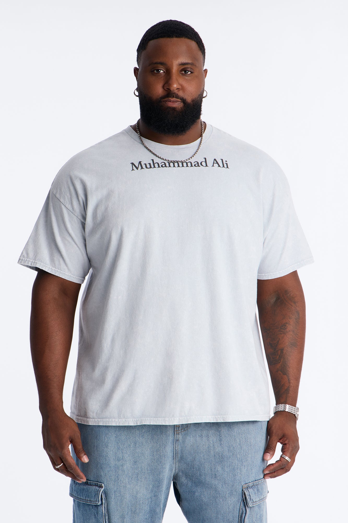 Muhammad Ali Sting Like A Bee Puff Print Short Sleeve Tee - Grey Mineral Wash