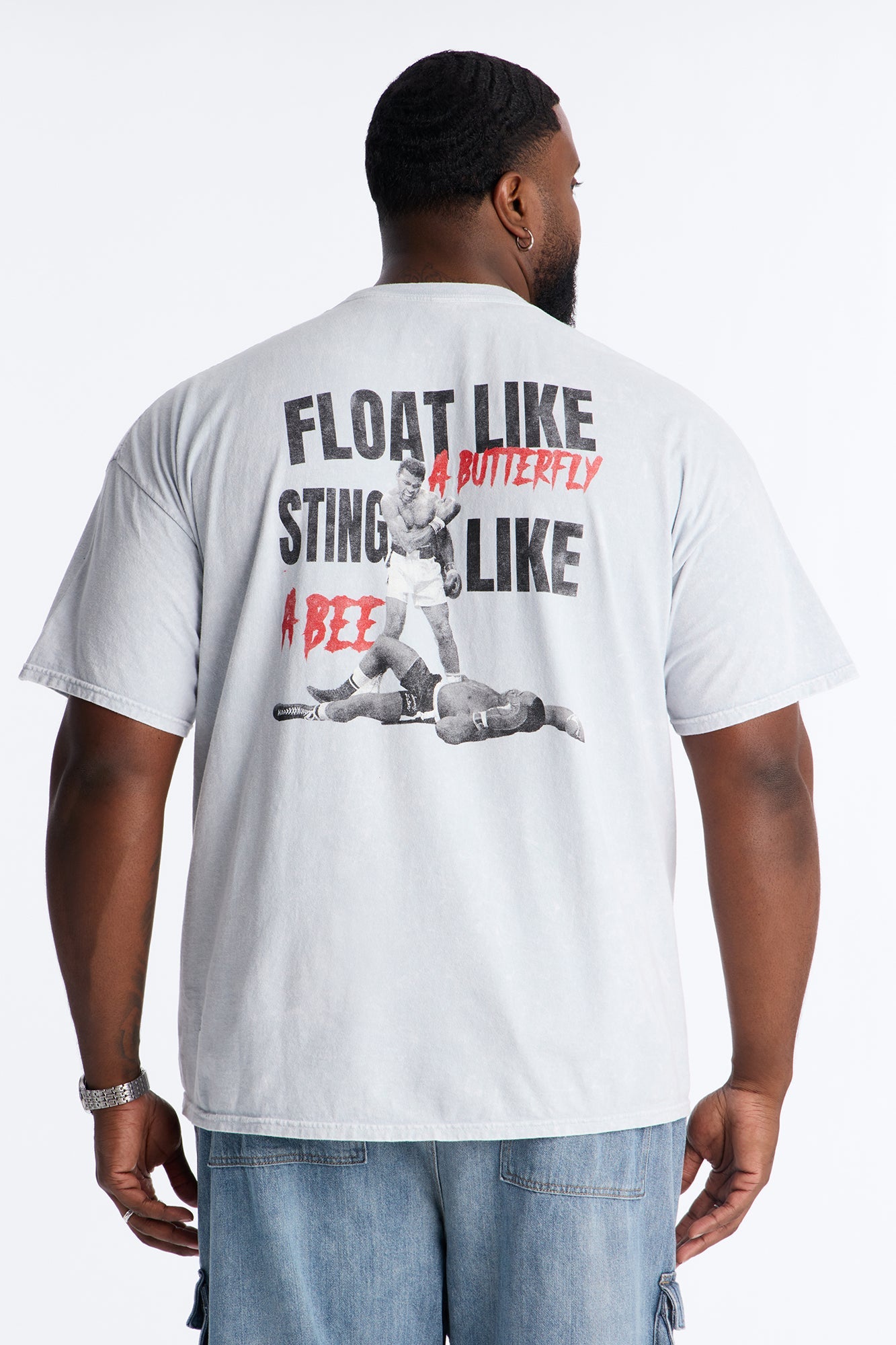 Muhammad Ali Sting Like A Bee Puff Print Short Sleeve Tee - Grey Mineral Wash