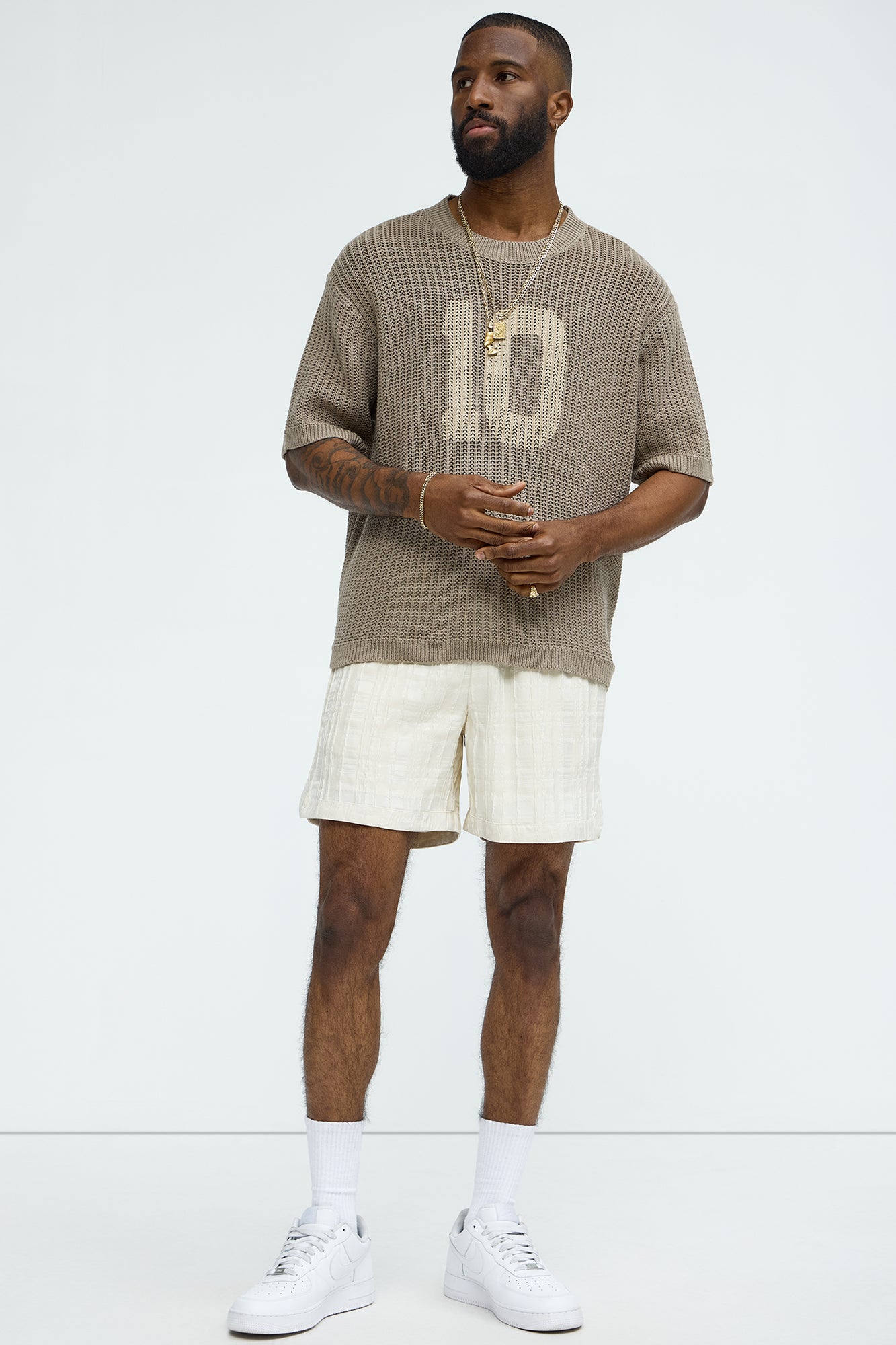 Printed Textured Knit Short Sleeve Tee - Brown