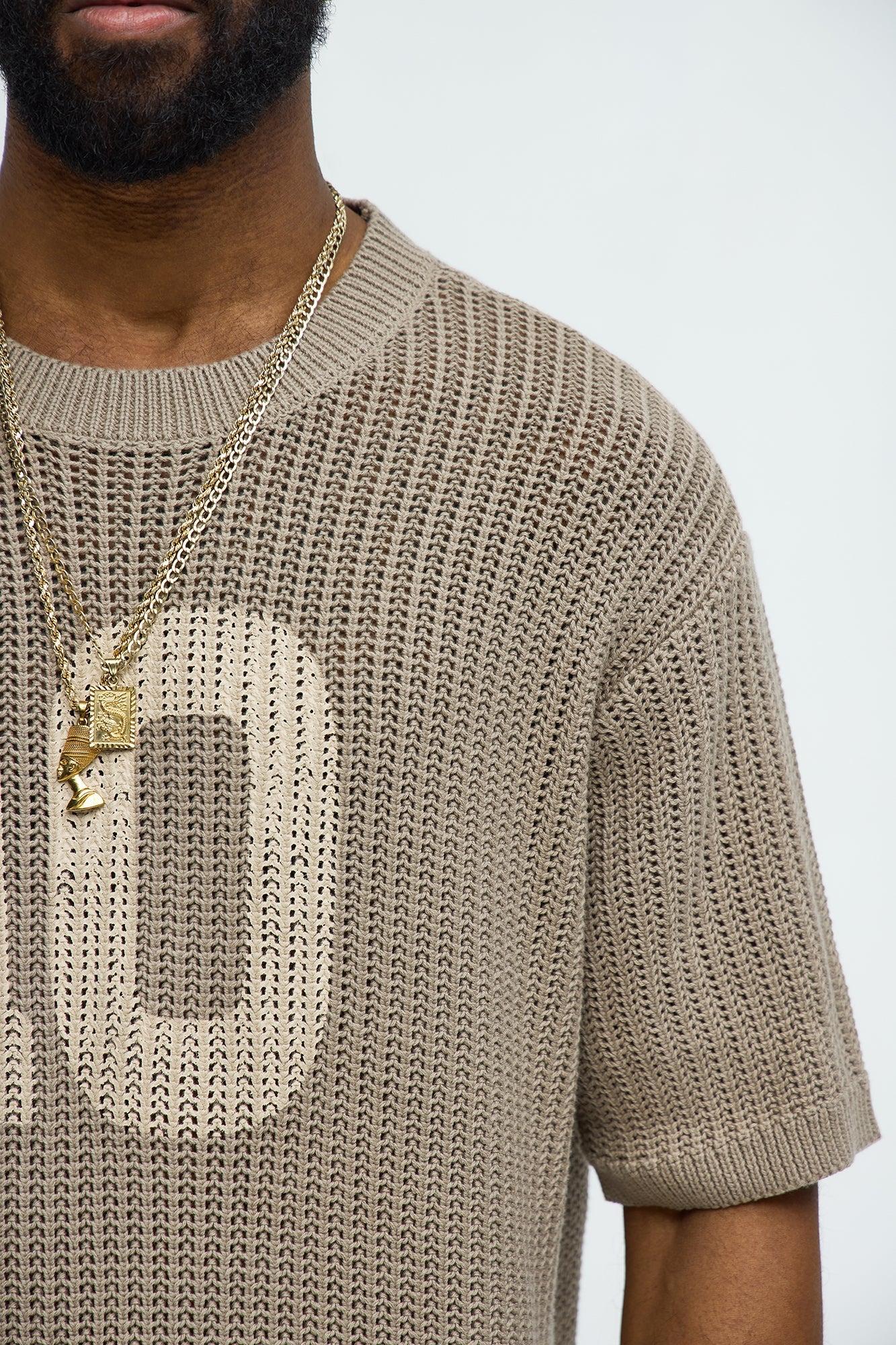 Printed Textured Knit Short Sleeve Tee - Brown