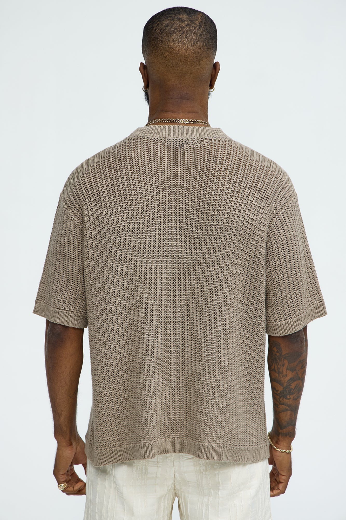 Printed Textured Knit Short Sleeve Tee - Brown