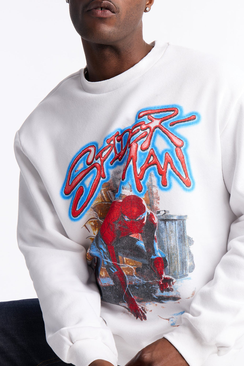 Marvel Spiderman Crawling Spider Crew Neck Sweatshirt - White