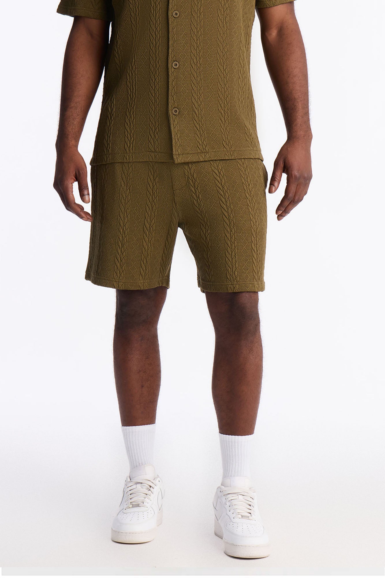 Textured Stripes Relaxed Drawstring Shorts - Olive
