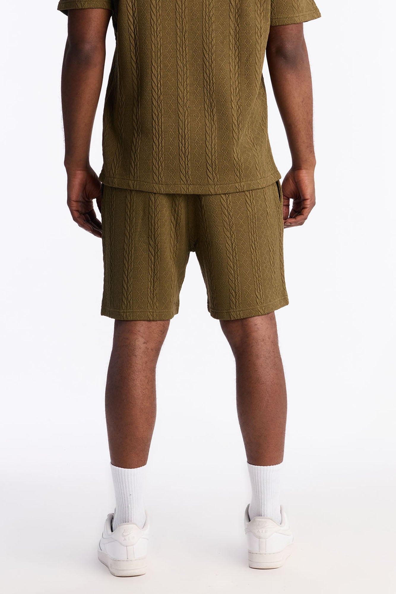 Textured Stripes Relaxed Drawstring Shorts - Olive