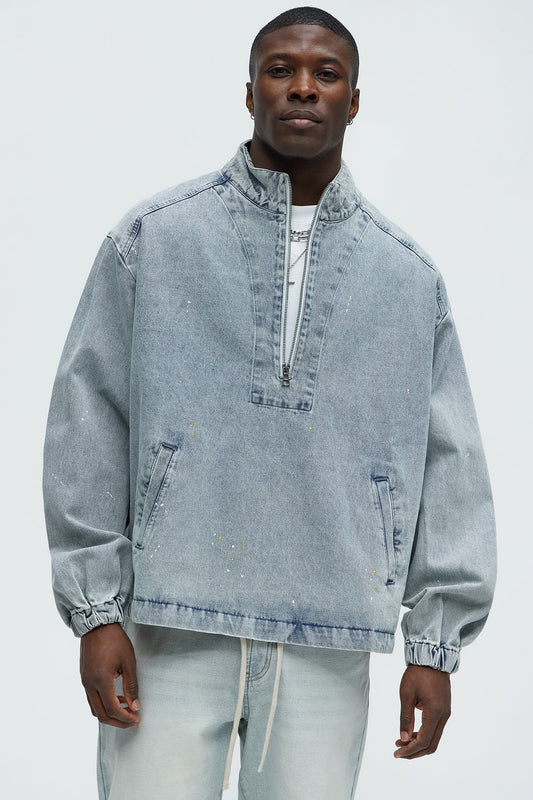 Distressed Denim Anorak Jacket - Light Wash