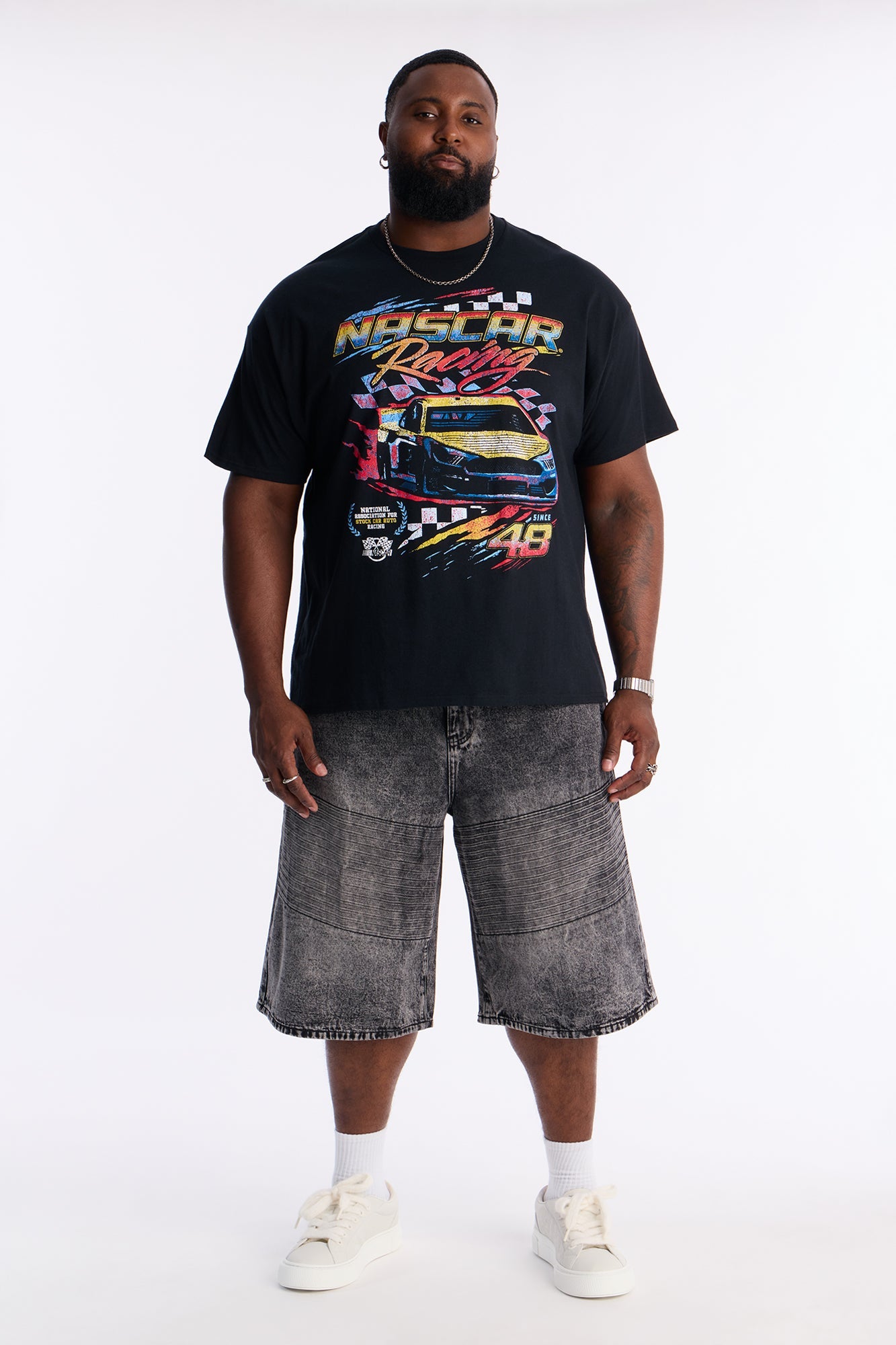 Baggy Embossed Linez Denim Short - Acid Wash Black