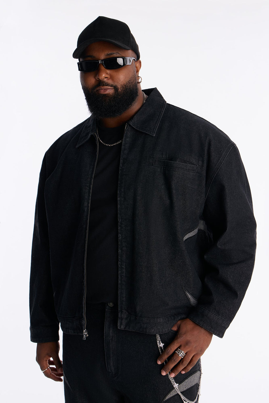 Cropped Crescent Denim Work Jacket - Black